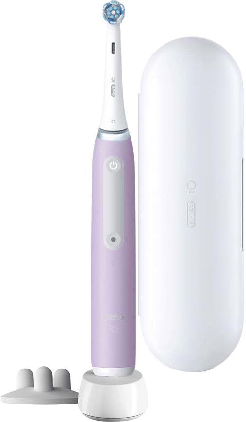 Brosse à dents électrique, manche violet, étui et chargeur blancs.