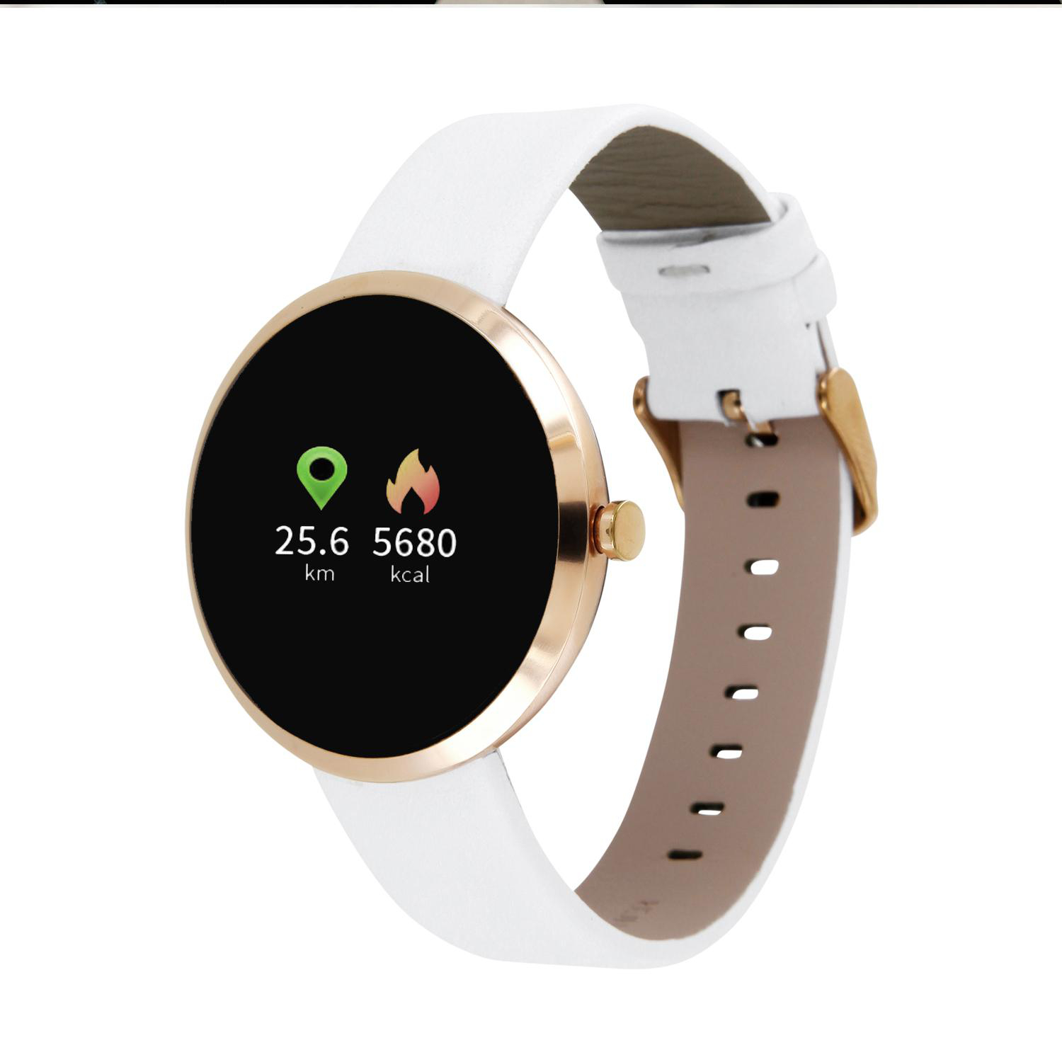 Smartwatch mit weißem Armband, goldenem Gehäuse und digitaler Anzeige mit Informationen.