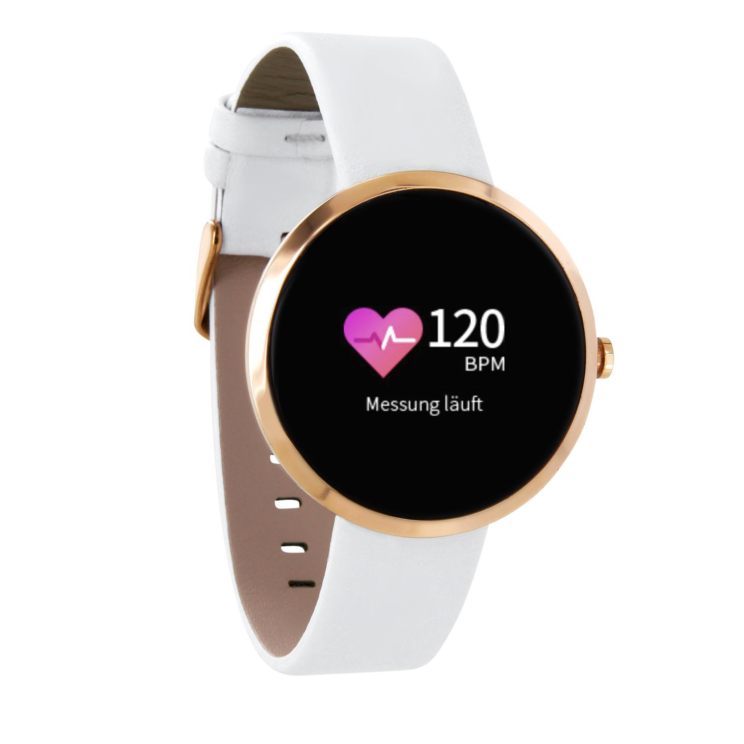 Eine weiße Smartwatch mit goldener Lünette, die eine Herzfrequenz von 120 bpm anzeigt.