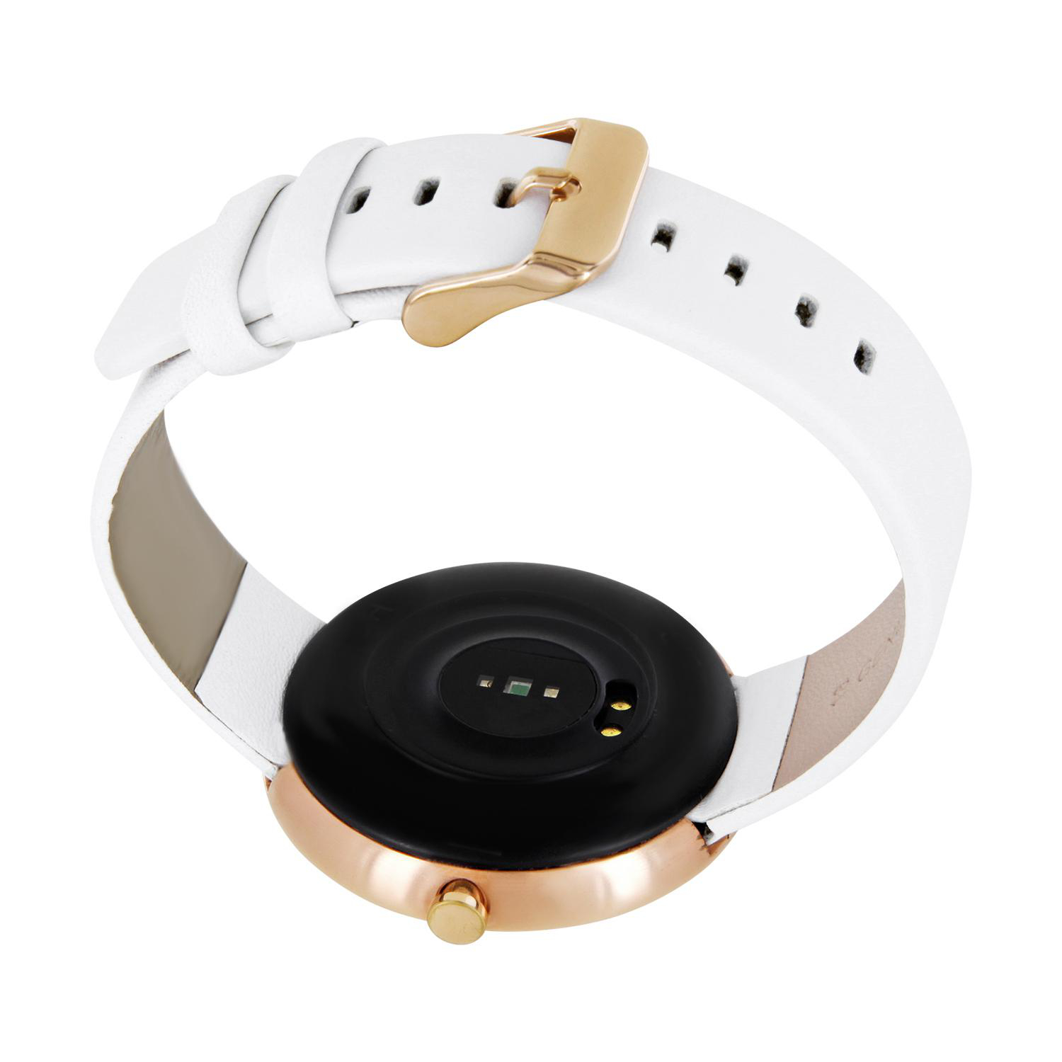 Eine Smartwatch mit weißem Armband und roségoldenem Gehäuse, Rückseite gezeigt.
