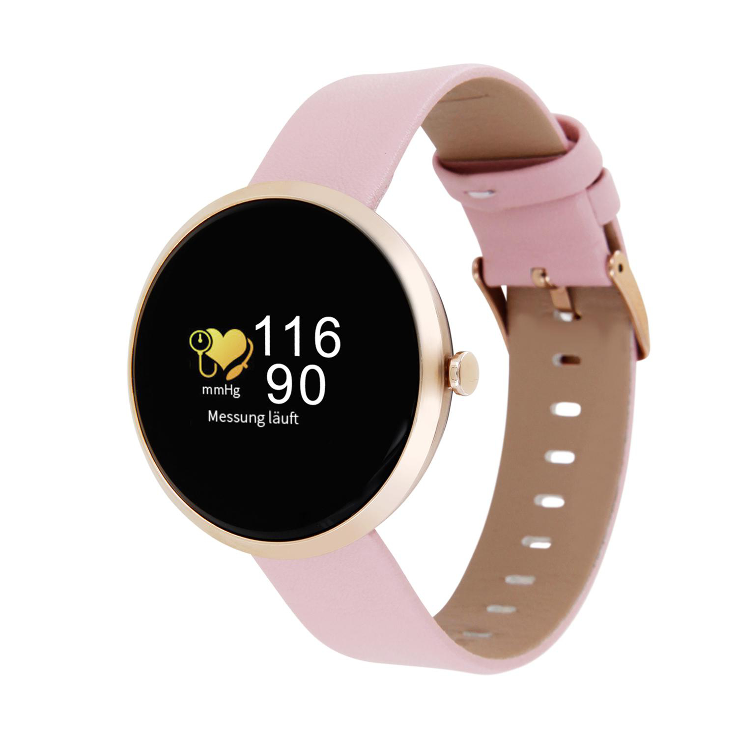 Eine rosa Smartwatch mit goldenem Rahmen, die Herzfrequenz (116) und Blutdruck (90) auf einem schwarzen Bildschirm anzeigt.