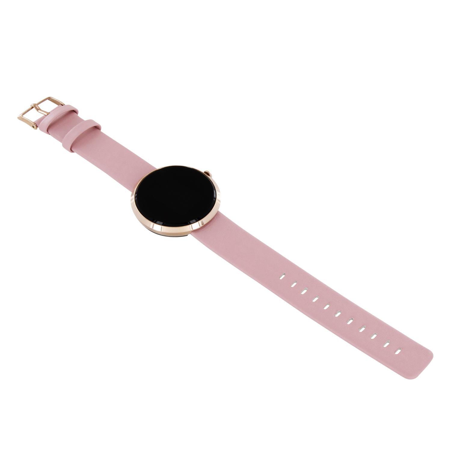 Eine rosa Smartwatch mit schwarzem Bildschirm und rosa Armband auf weißem Hintergrund.