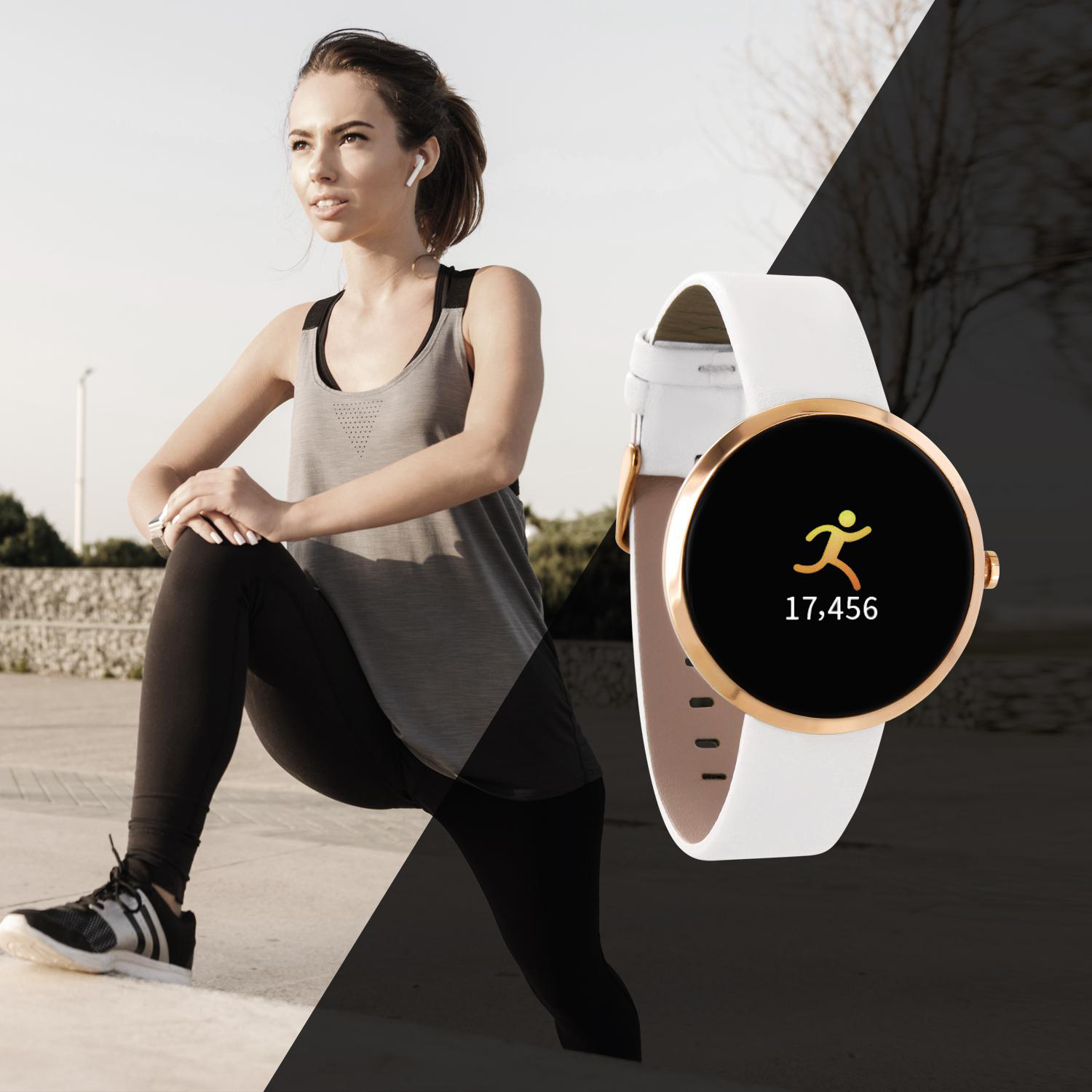 Eine Frau dehnt sich, trägt eine Smartwatch mit Lauf-Symbol und Distanz.