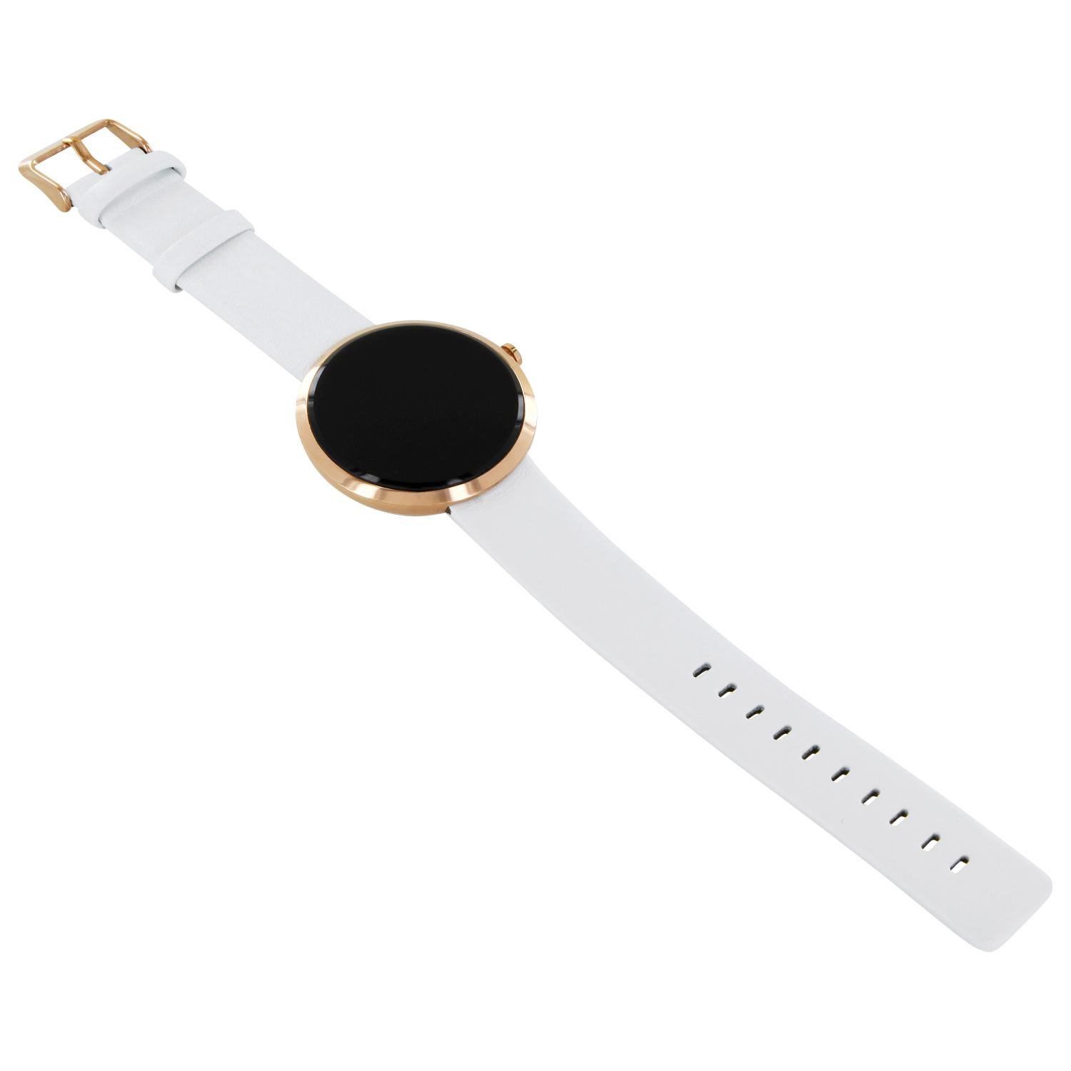 Eine weiße Smartwatch mit goldenem Rand und schwarzem Bildschirm. Das Armband ist weiß.
