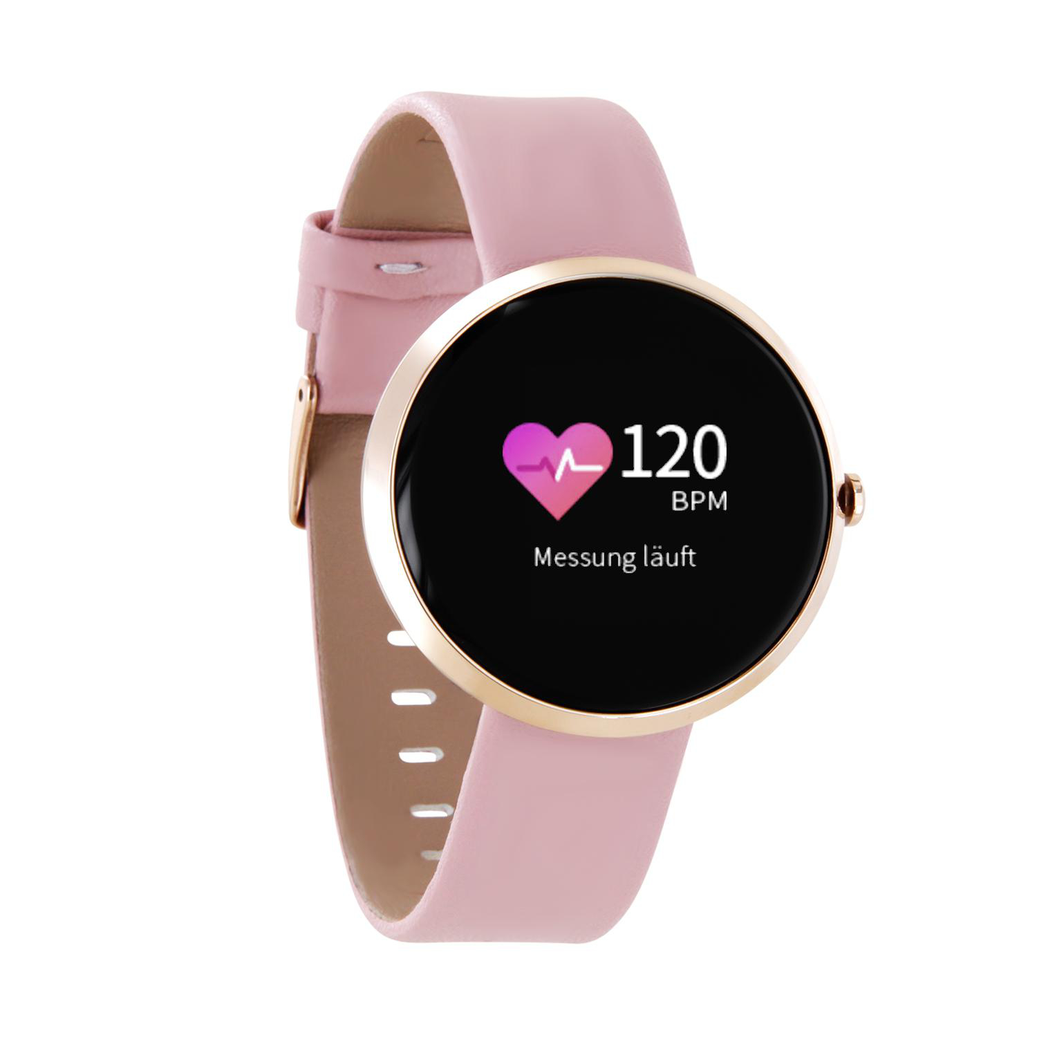 Rosafarbene Smartwatch mit Herzfrequenzanzeige, 120 BPM. Lederarmband.