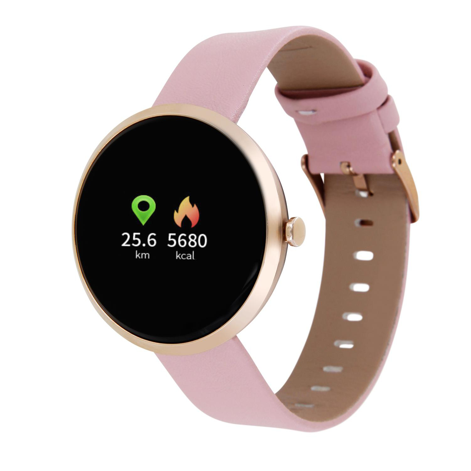 Eine rosa Smartwatch mit einem rosa Lederarmband.