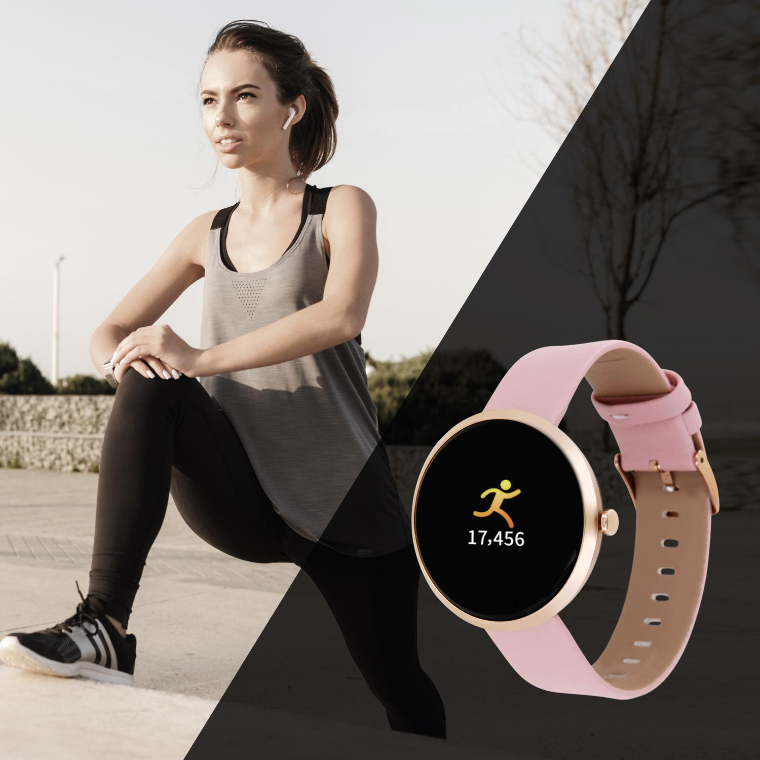 Frau in Sportkleidung, dehnt sich, Smartwatch zeigt Schritte, im Park.