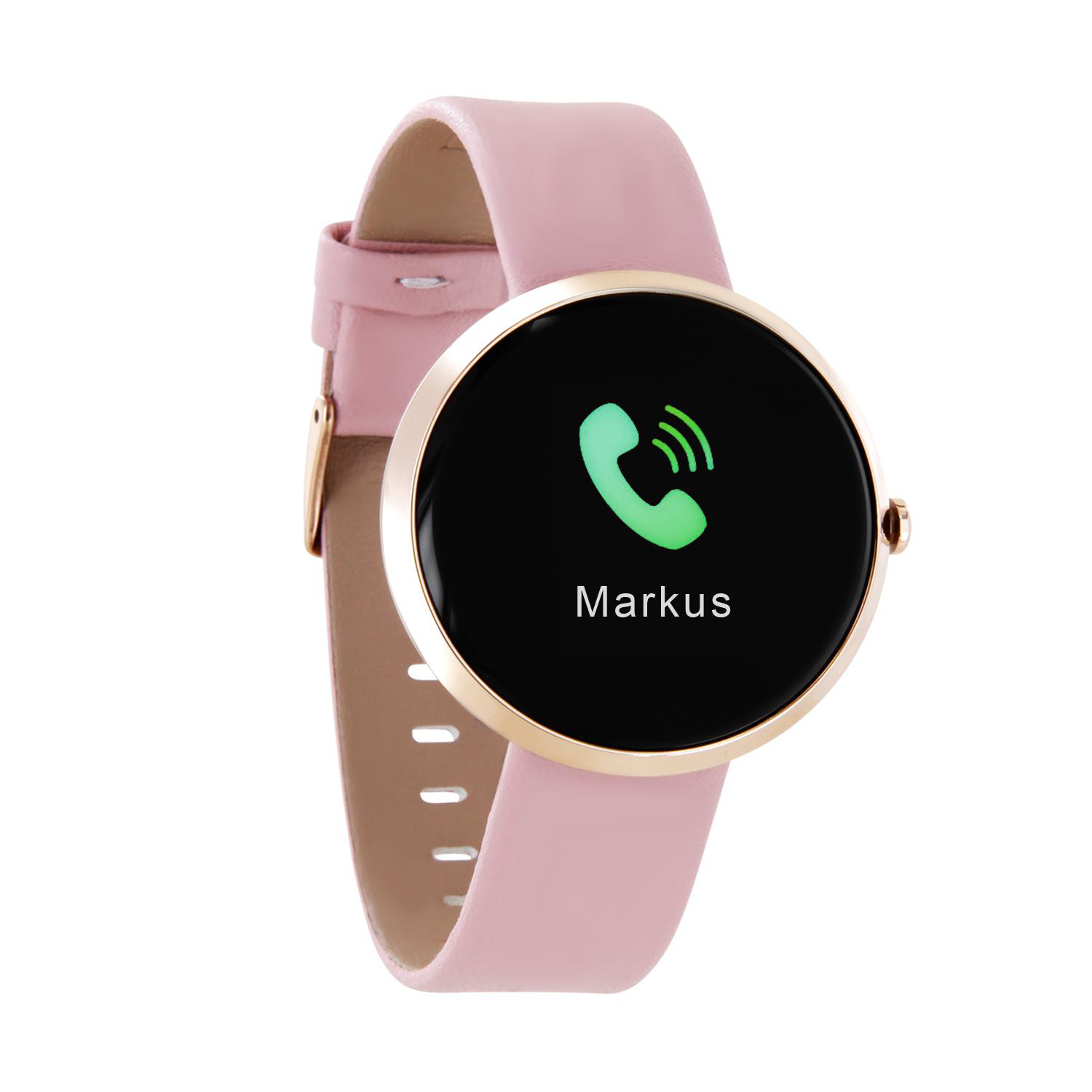 Eine pinkfarbene Smartwatch mit einem schwarzen Bildschirm, der ein grünes Anrufsymbol und den Namen 'Markus' zeigt.