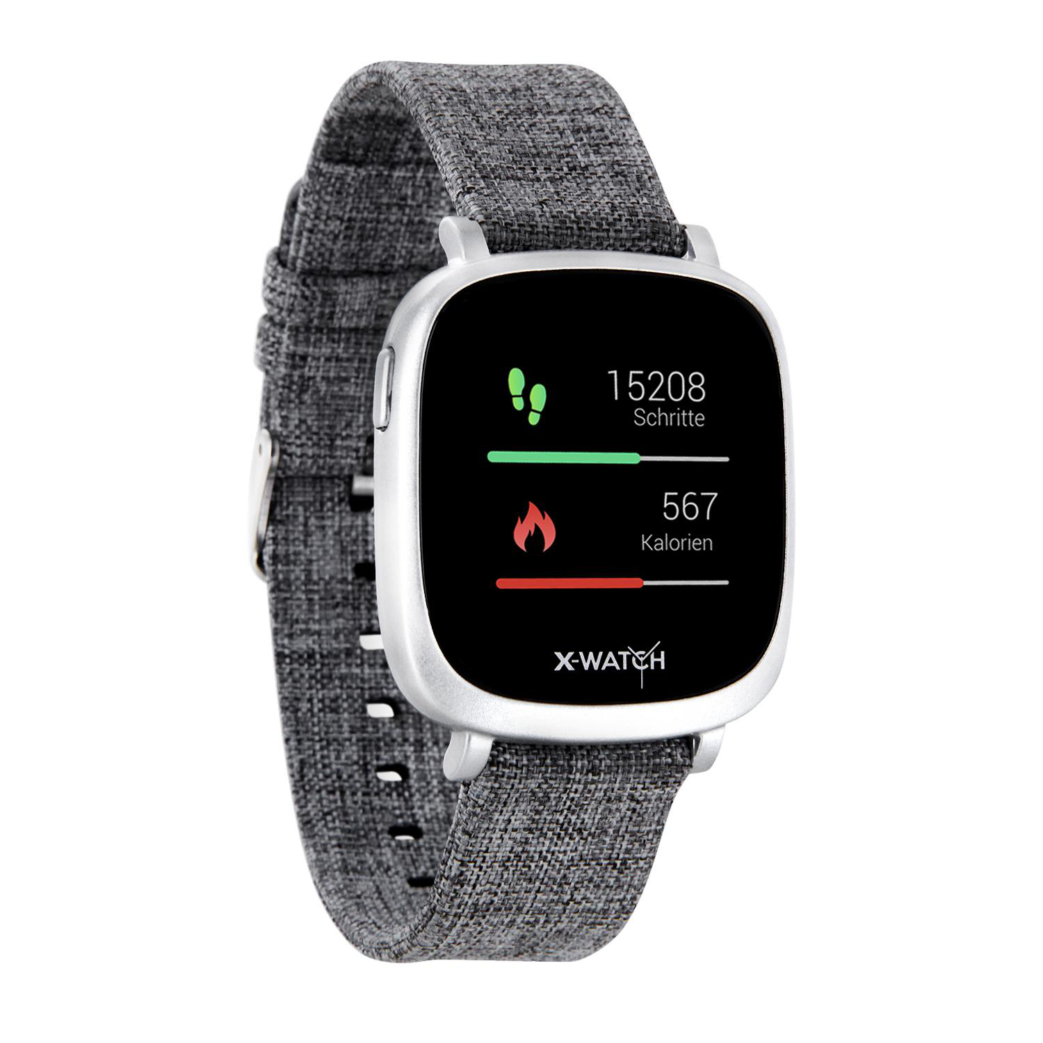 X-WATCH X-WATCH IVE XW FIT - URBAN GREY (Textil) - (54038) Smartwatch Polycarbonat Textil, 20 x 247 mm, Gehäuse: Silber/Armband: Grau