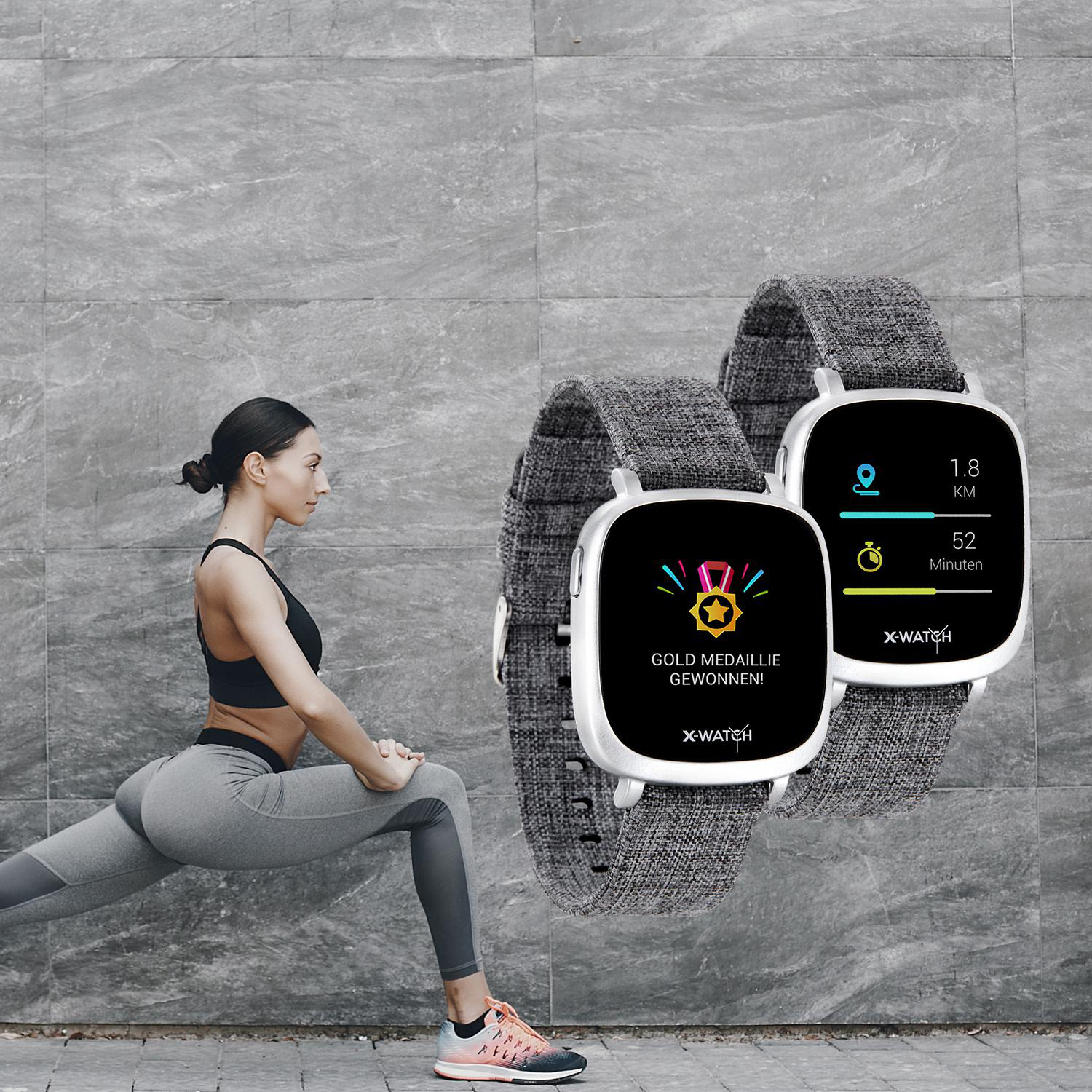 X-WATCH X-WATCH IVE XW FIT - URBAN GREY (Textil) - (54038) Smartwatch Polycarbonat Textil, 20 x 247 mm, Gehäuse: Silber/Armband: Grau
