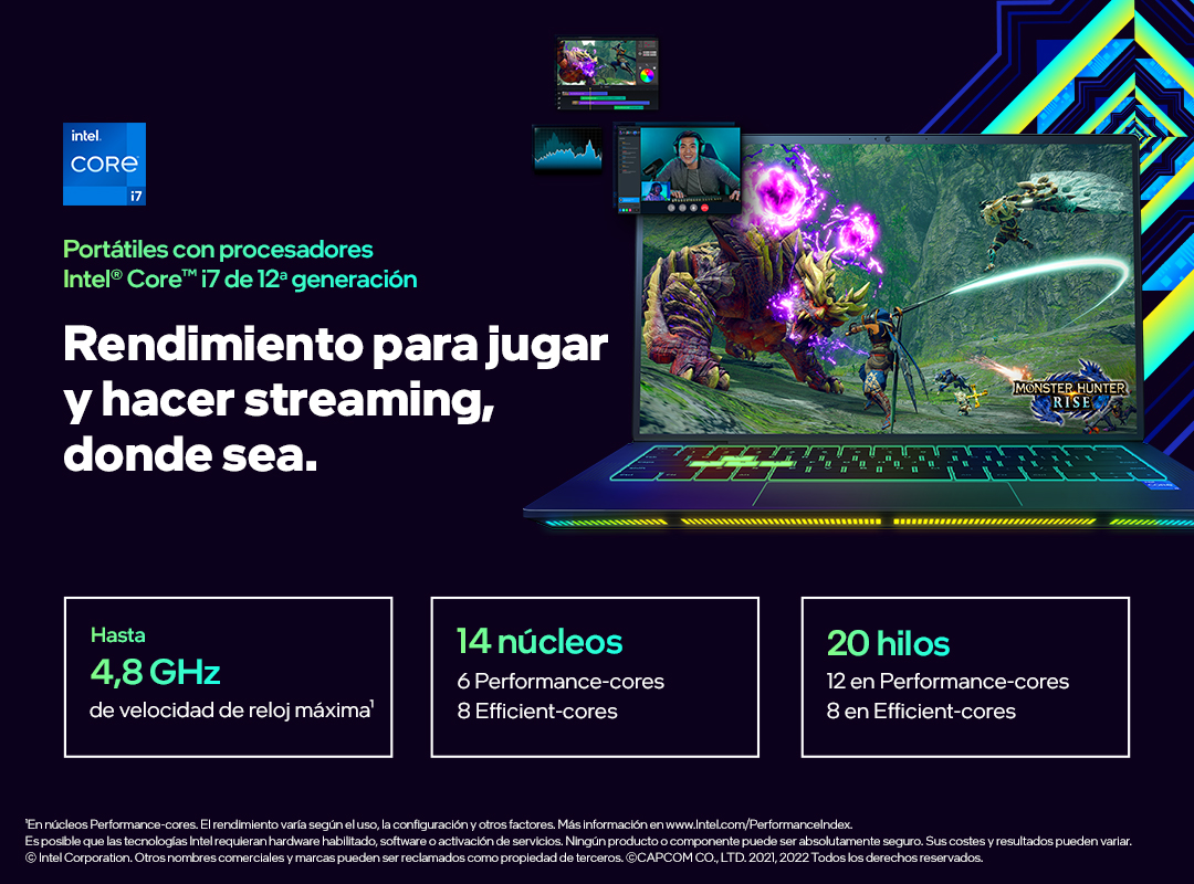 Pantalla de portátil muestra juego con texto. Estadísticas en cajas abajo, sobre fondo morado.