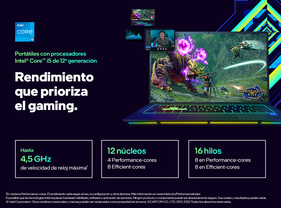 Pantalla de portátil mostrando juego, publicidad de portátil Intel Core i5.