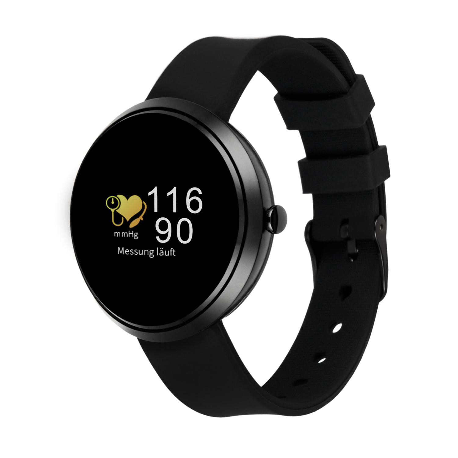 Schwarze Smartwatch mit dunklem Bildschirm mit 116/90 und Text: Messung läuft.