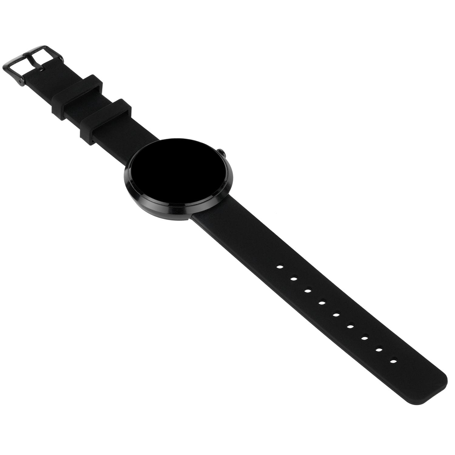 Schwarze Smartwatch auf weißem Hintergrund. Das Armband ist schwarz.