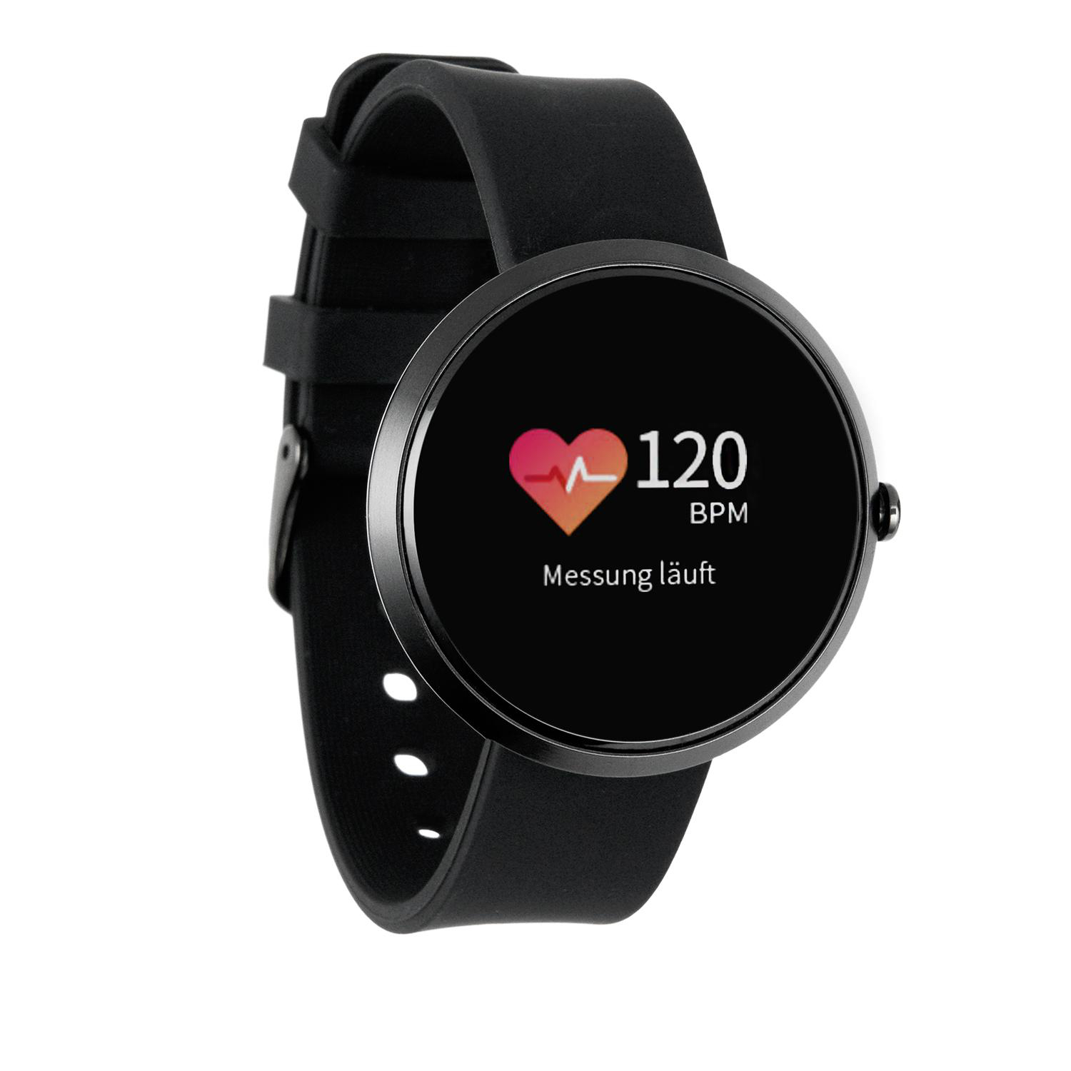 Eine schwarze Smartwatch mit Herzfrequenz und 120 BPM. Text: "Messung läuft".