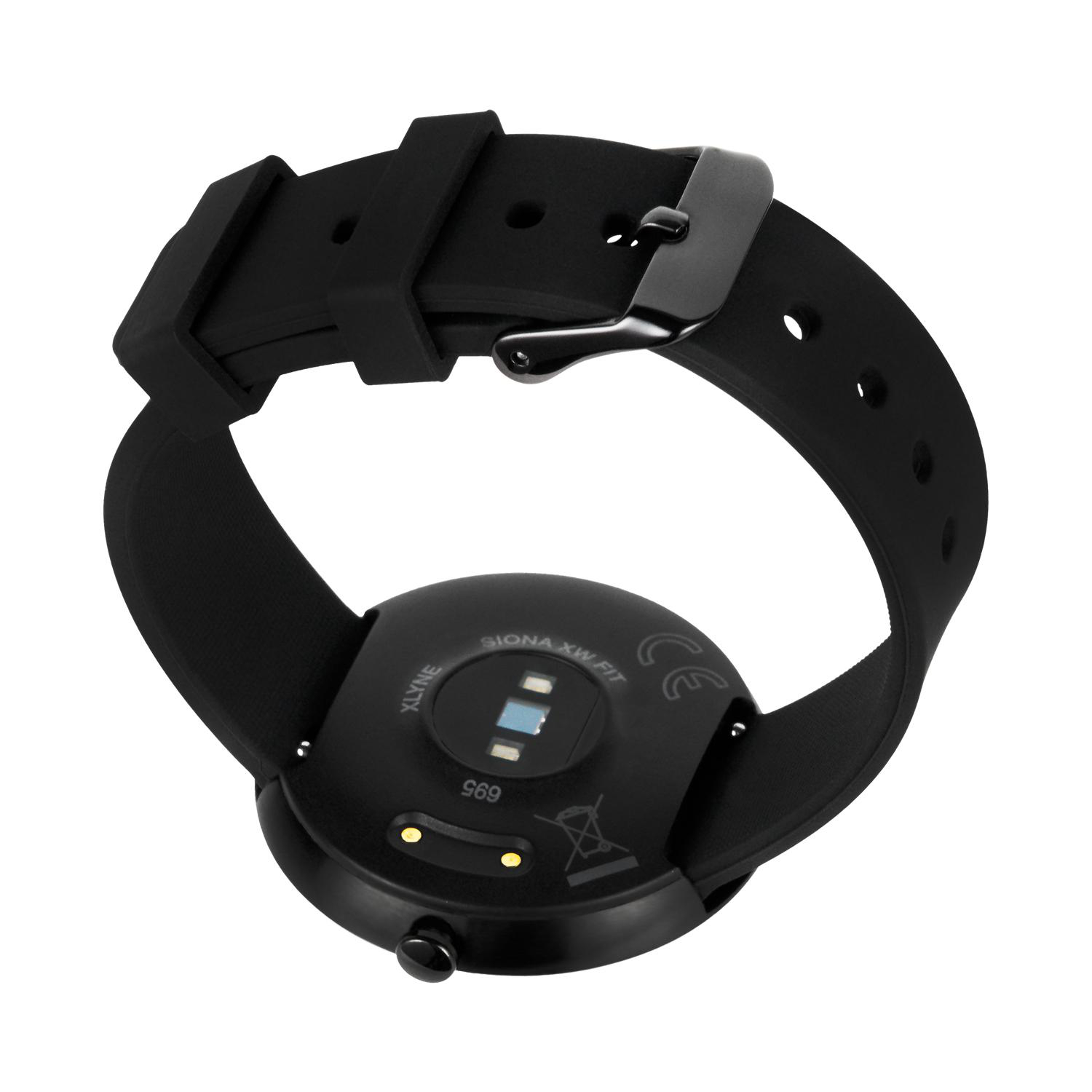 Schwarze Smartwatch, Rückansicht, mit schwarzem Armband und Schnalle. Das Zifferblatt zeigt Details.