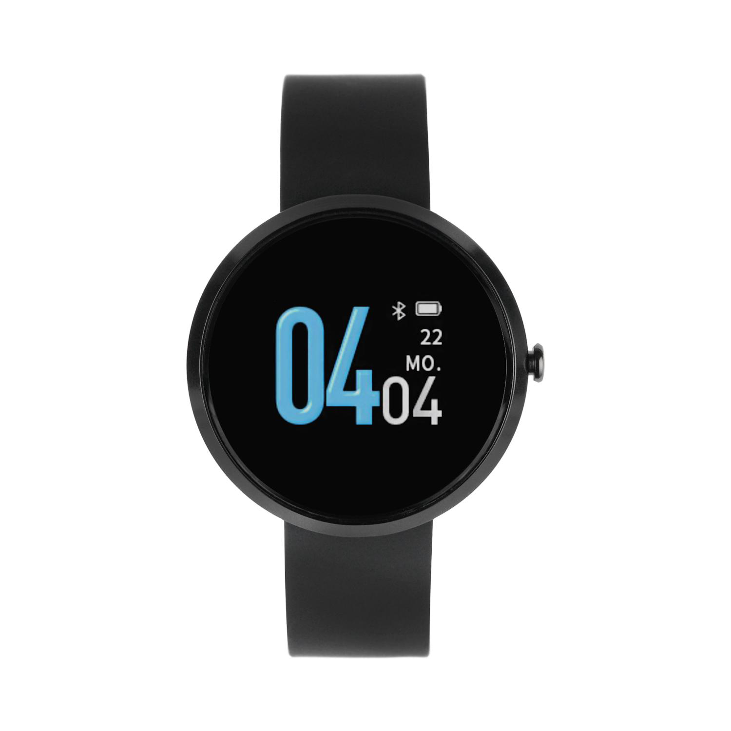 Schwarze Smartwatch. Digitalanzeige zeigt Zeit: 04:04, Datum: 22.04. Schwarzes Armband.