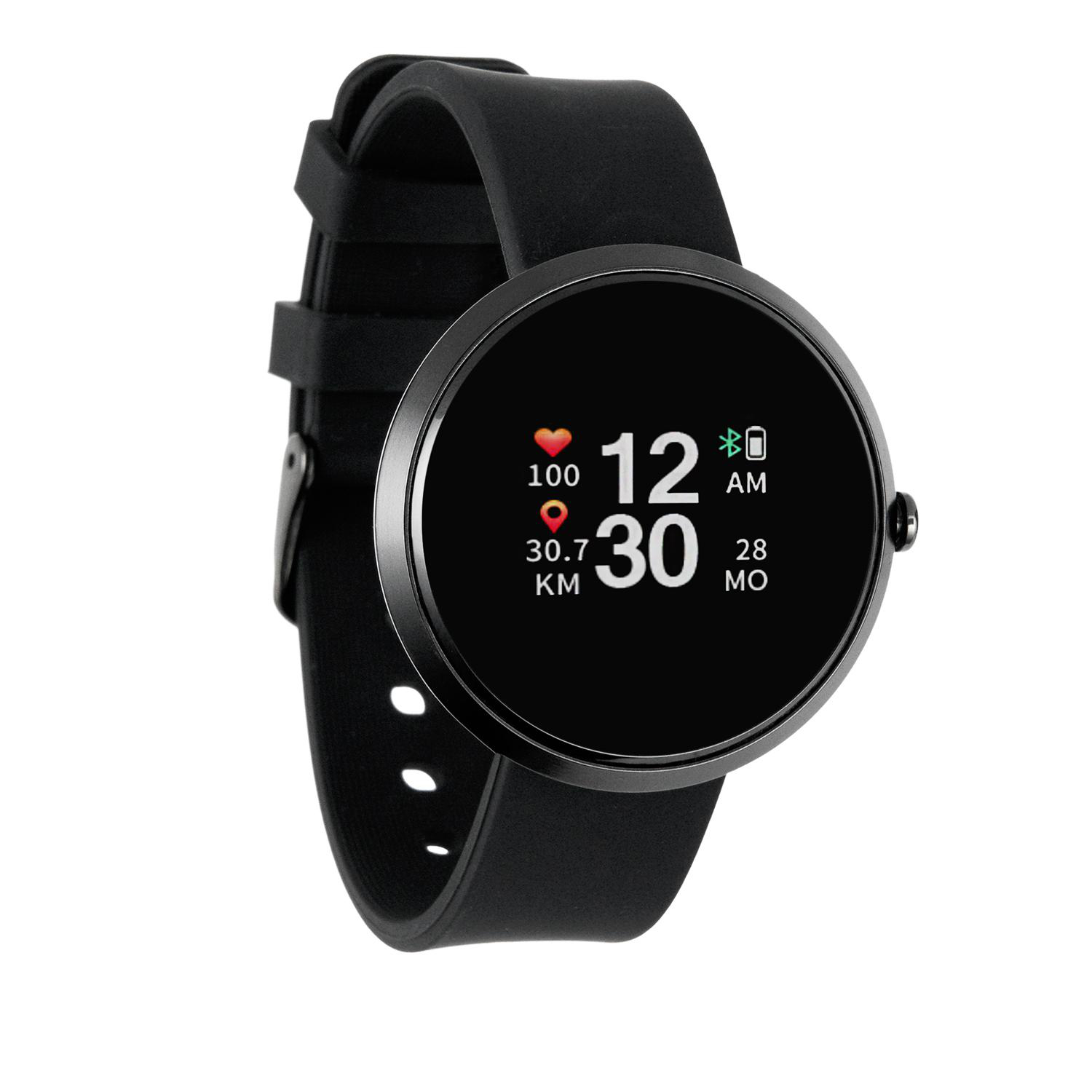 Schwarze Smartwatch mit schwarzem Armband, die Zeit, Herzfrequenz und andere Daten anzeigt.