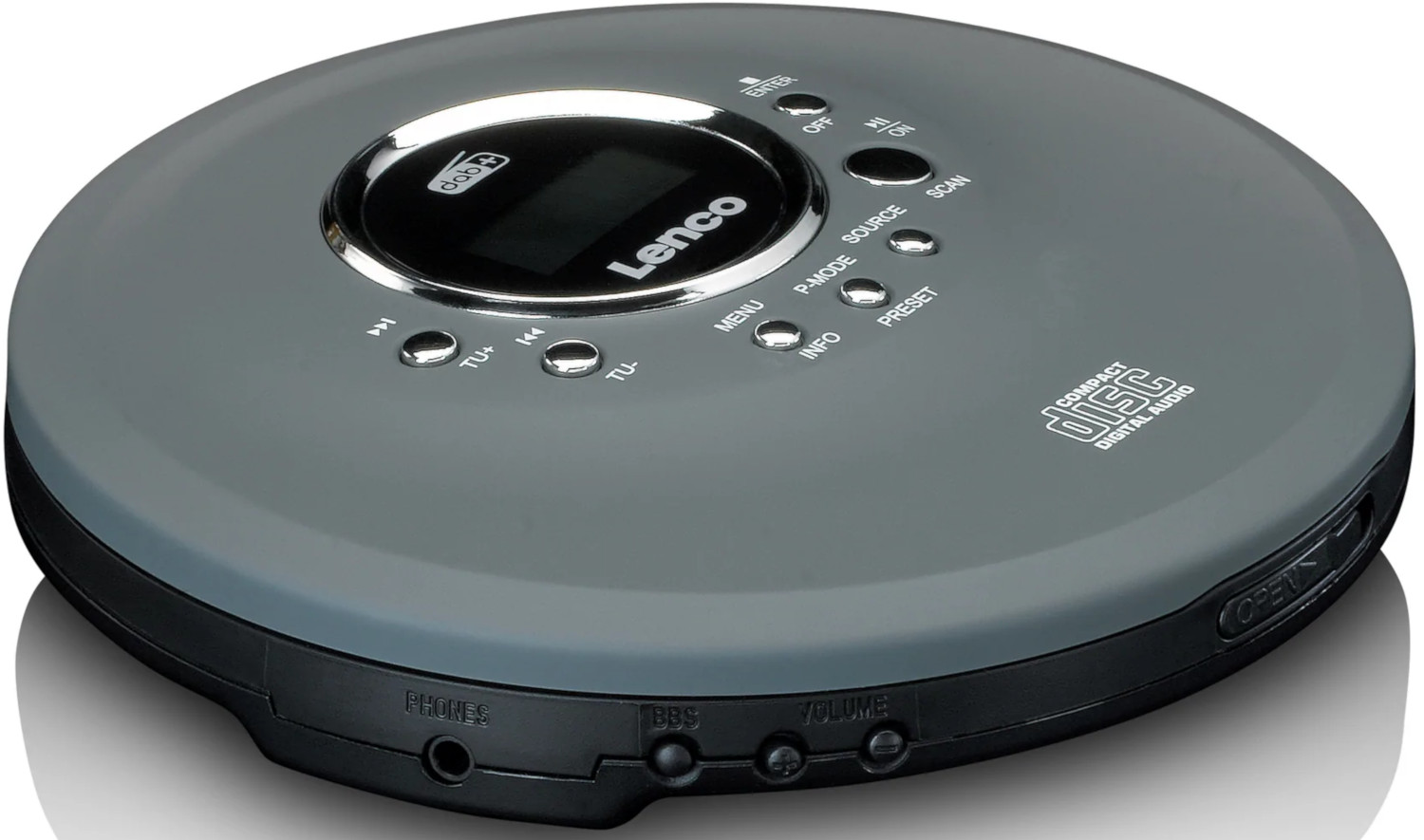 Lecteur CD portable gris avec boutons et petit écran, bord noir.