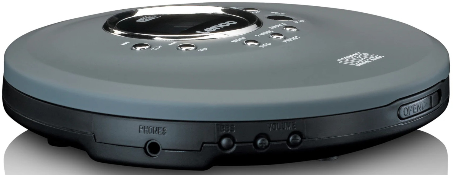 Lecteur CD portable gris Lenco. Boutons pour diverses fonctions.
