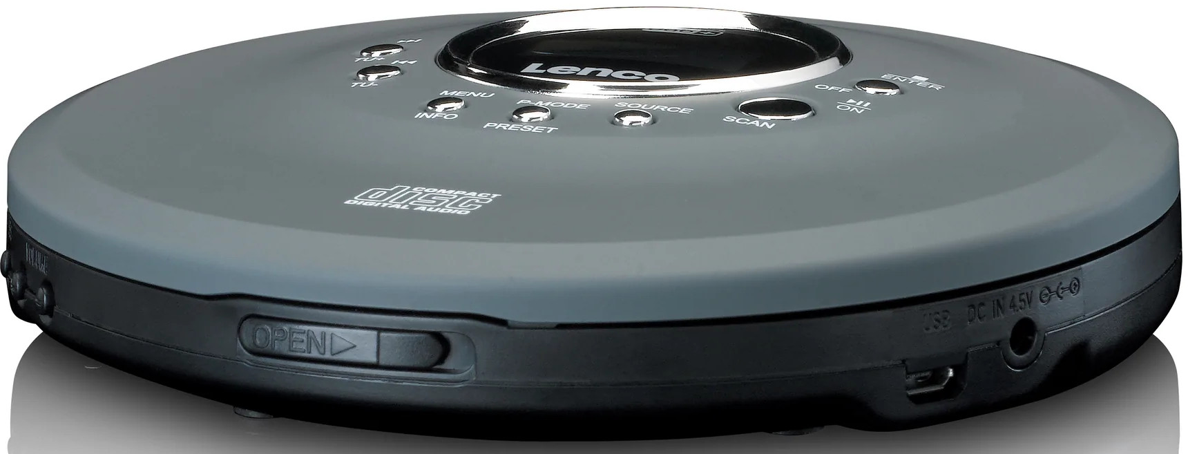 Lecteur CD portable gris avec boutons et écran, bord noir et port DC IN.