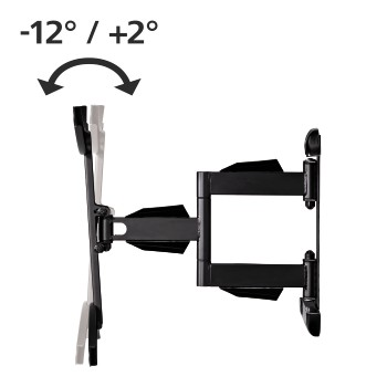 Soporte de pared para TV negro. Muestra el rango de movimiento, -12 a +2 grados. Fondo blanco.