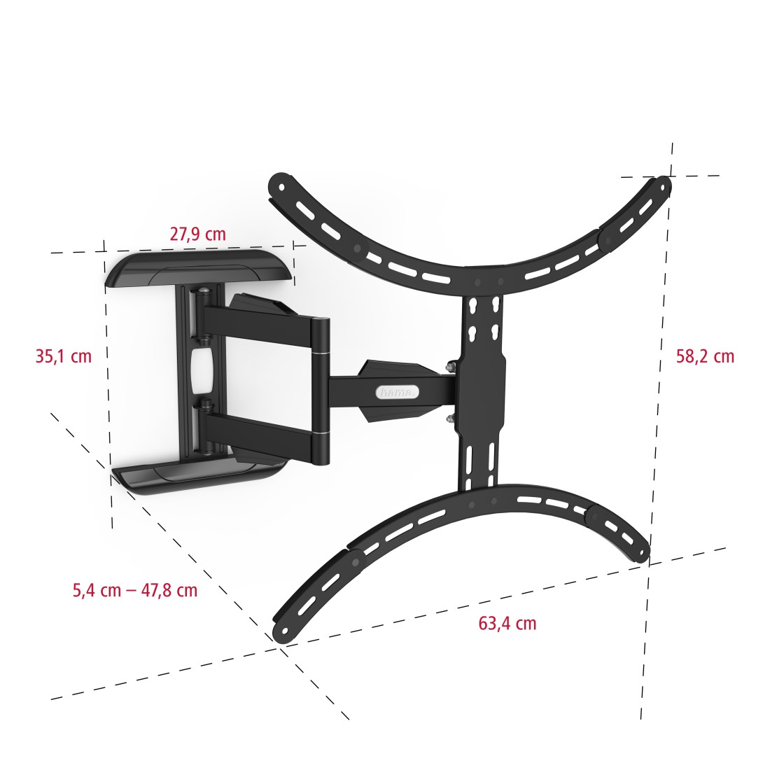 Un soporte de TV negro en una pared blanca, con dimensiones en centímetros.