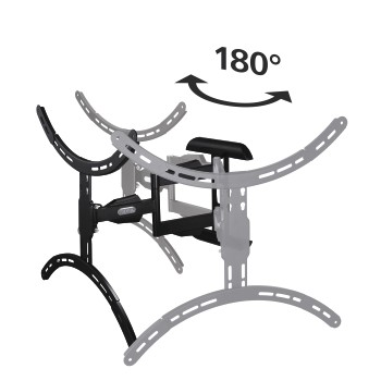 Soporte de TV, negro y plateado, mostrando un rango de giro de 180 grados.