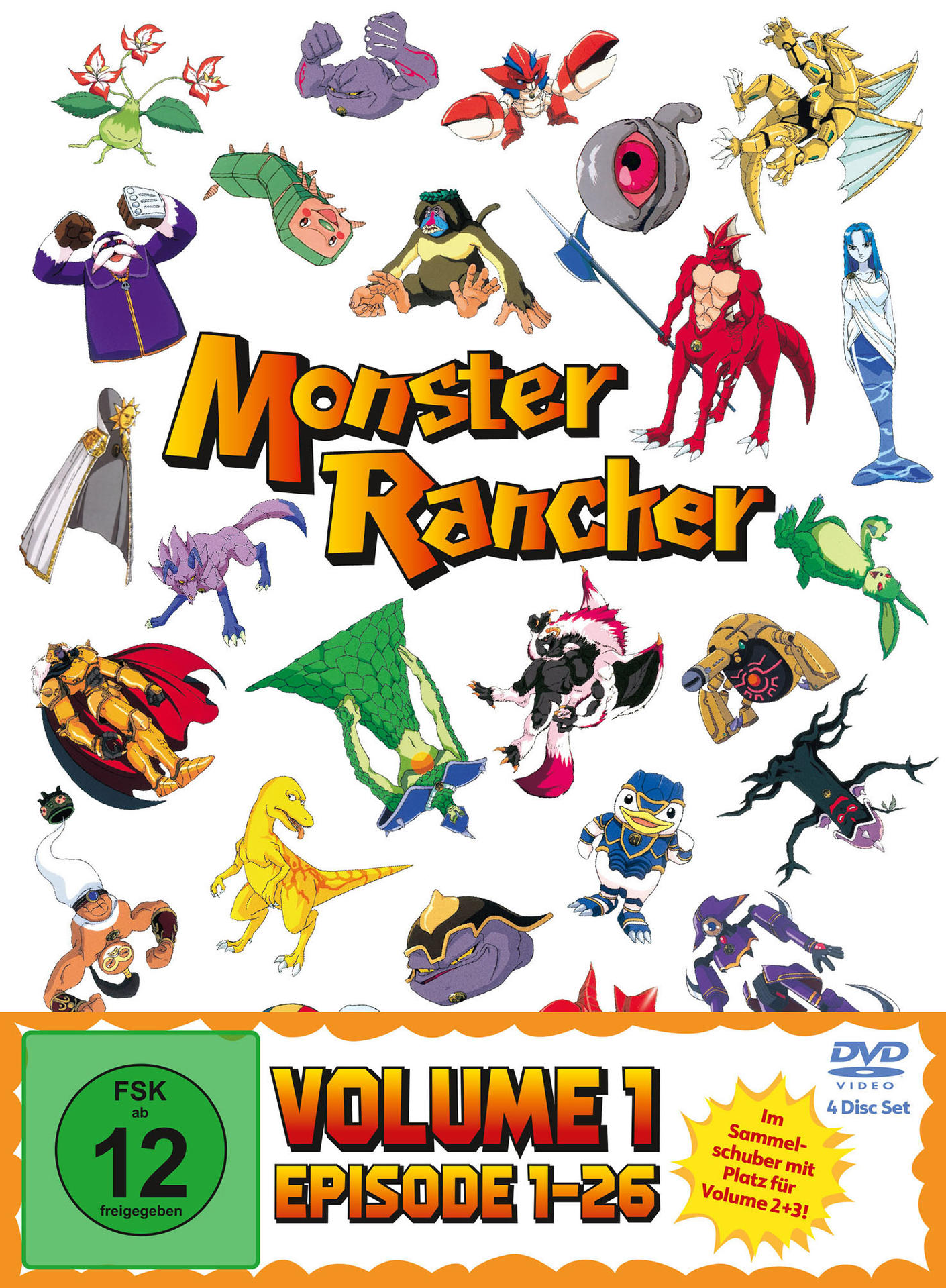 DVD-Box-Set von Monster Rancher, Band 1, Episode 1-26. Verschiedene farbenfrohe Monster-Illustrationen.