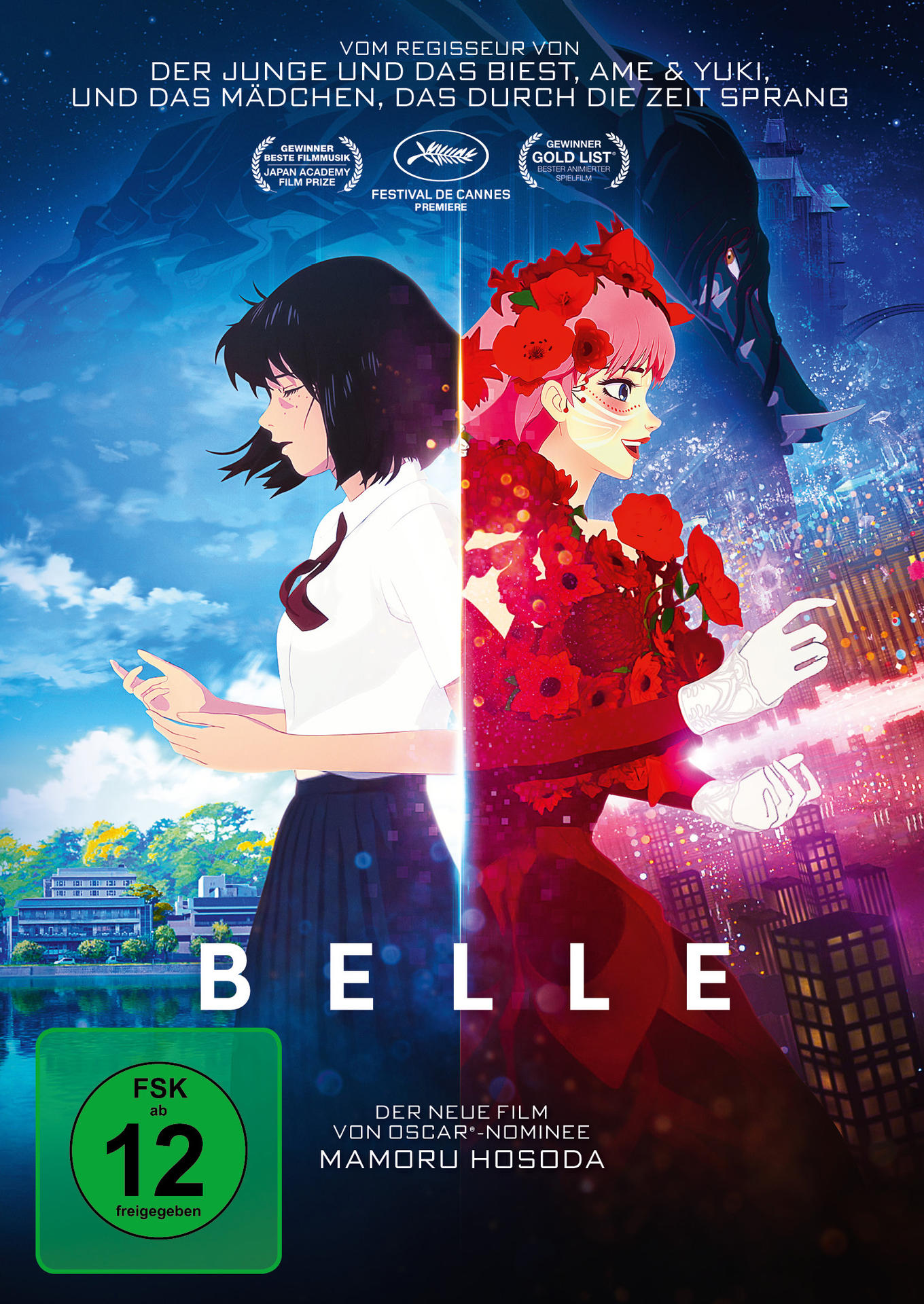 Filmplakat von Belle, ein geteiltes Bild zeigt zwei Charaktere, einer in Uniform, einer in rotem Kleid.