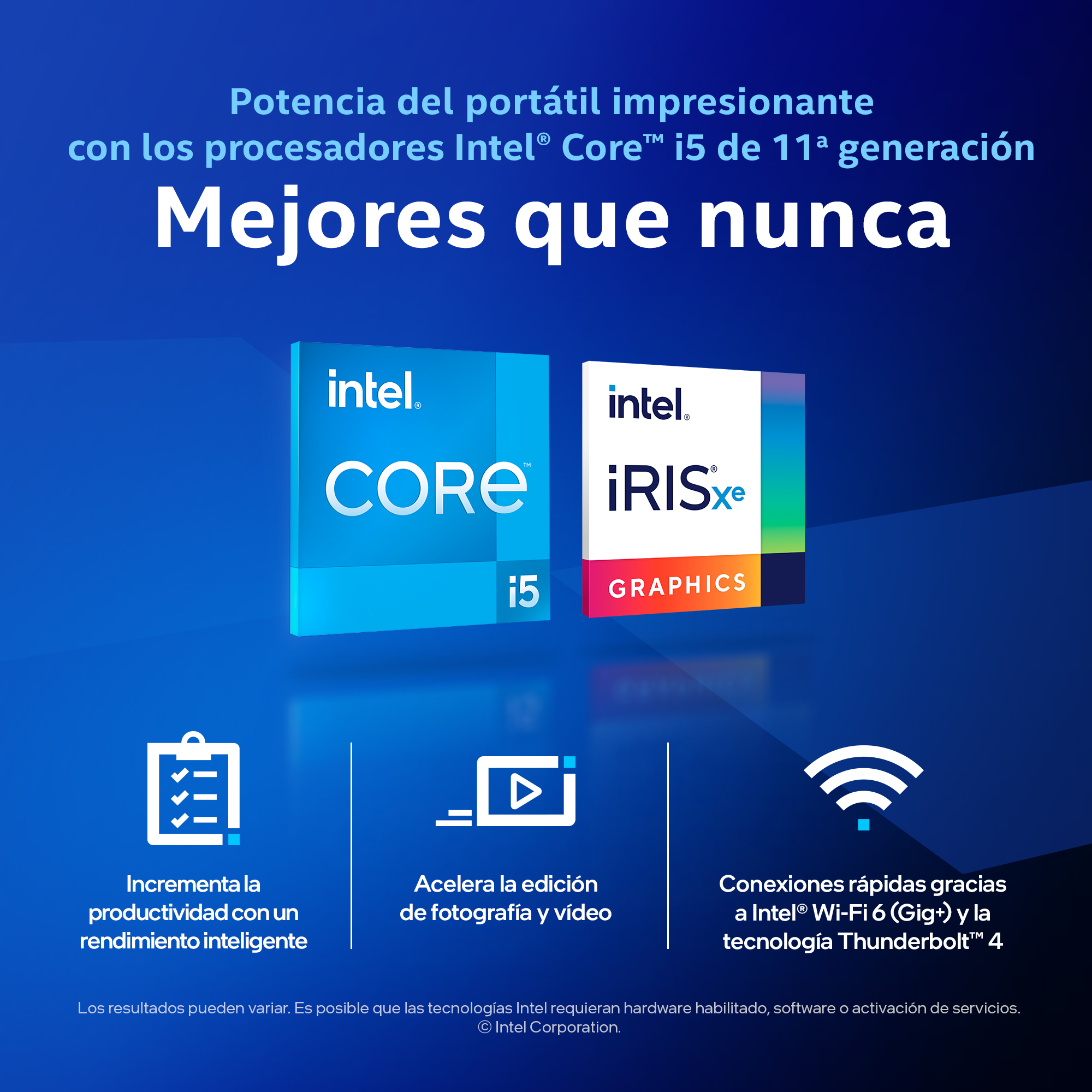 Procesadores Intel Core i5 con gráficos Iris Xe, con texto sobre un fondo azul y futurista.