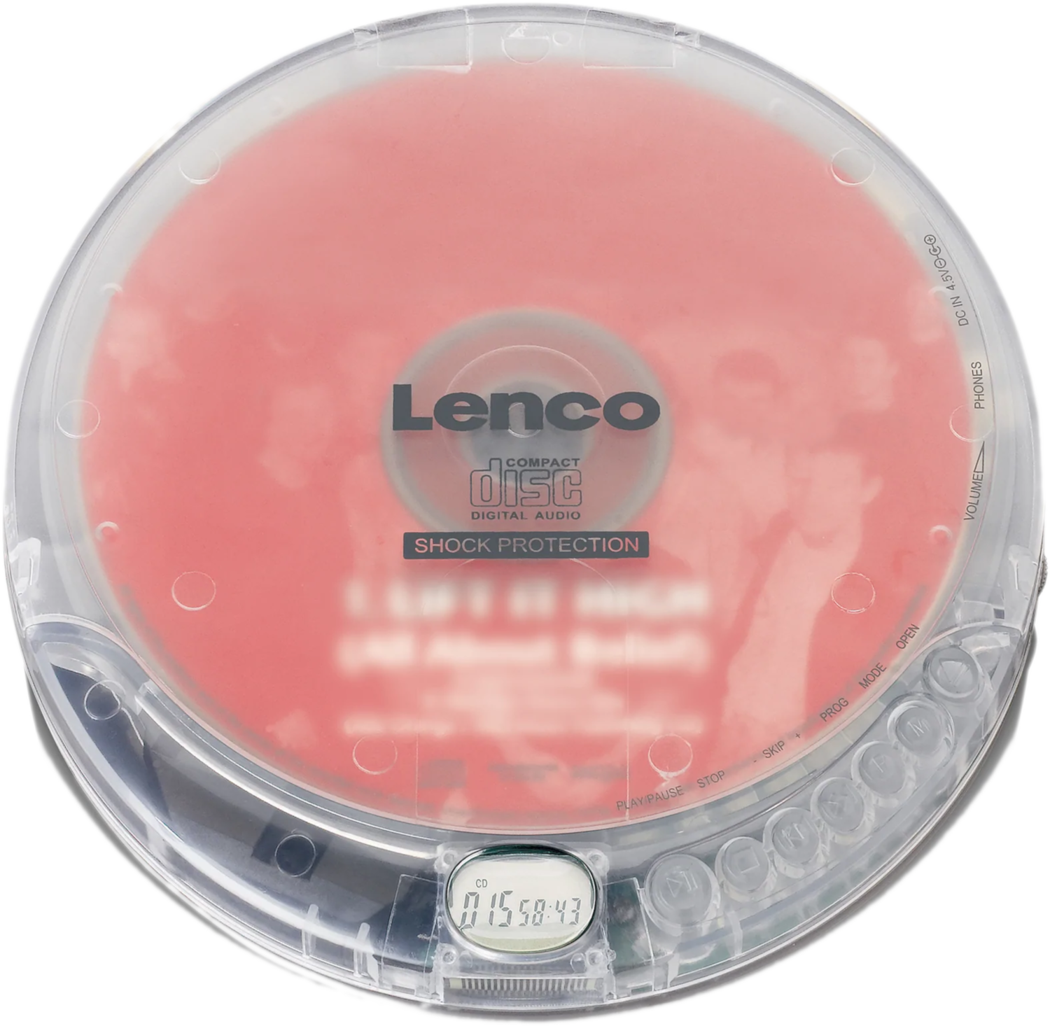 Lecteur CD Lenco transparent avec un disque rouge à l'intérieur.
