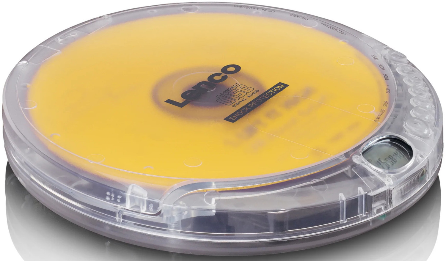 Un lecteur CD portable jaune avec un couvercle transparent, des boutons noirs et un affichage numérique.