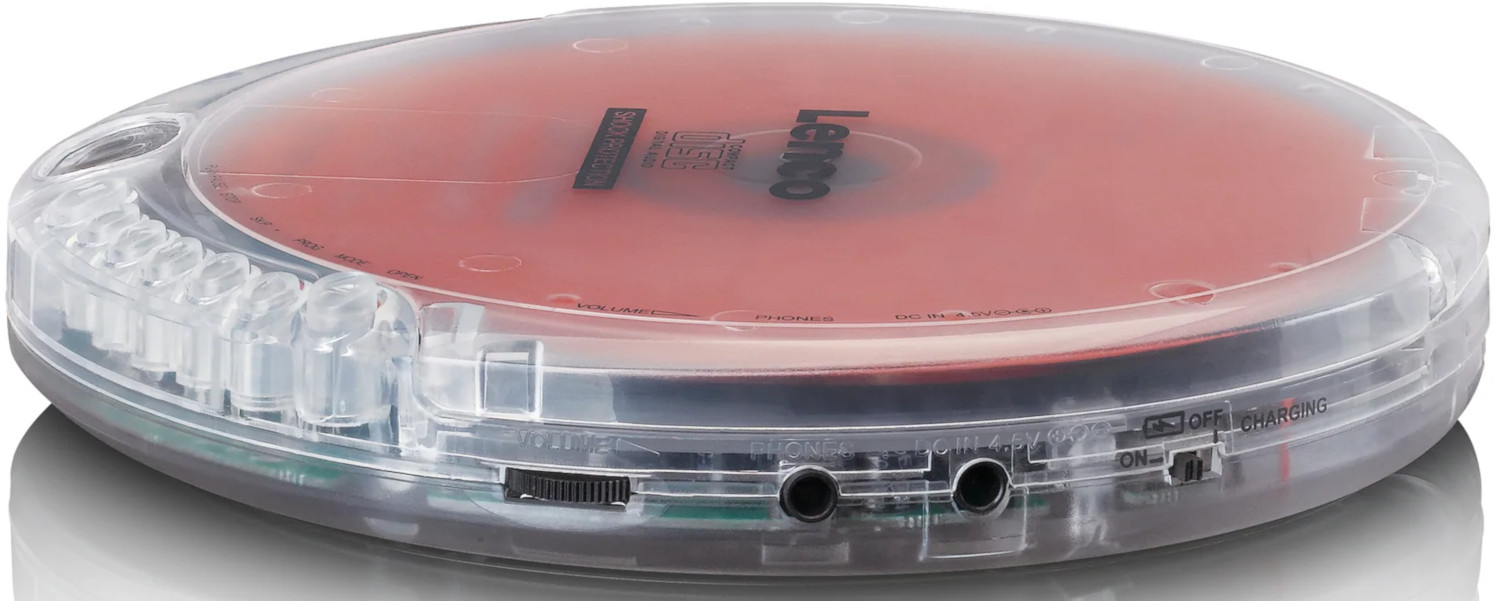 Lecteur CD portable rond et transparent avec CD rouge visible. Montre le volume et la charge.