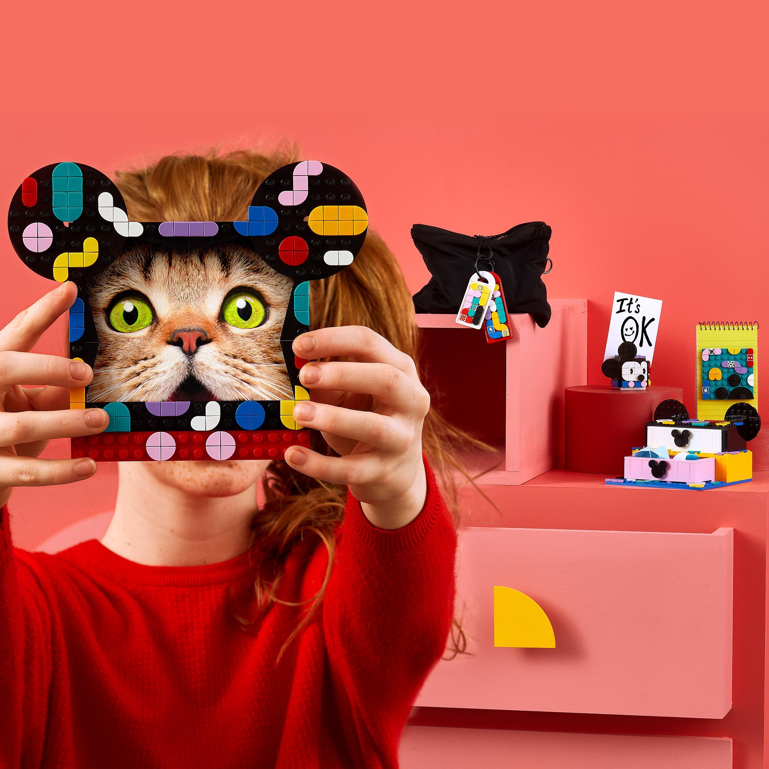 Eine Person hält einen Lego-Rahmen um das Gesicht einer Katze, mit anderen Lego-Strukturen.