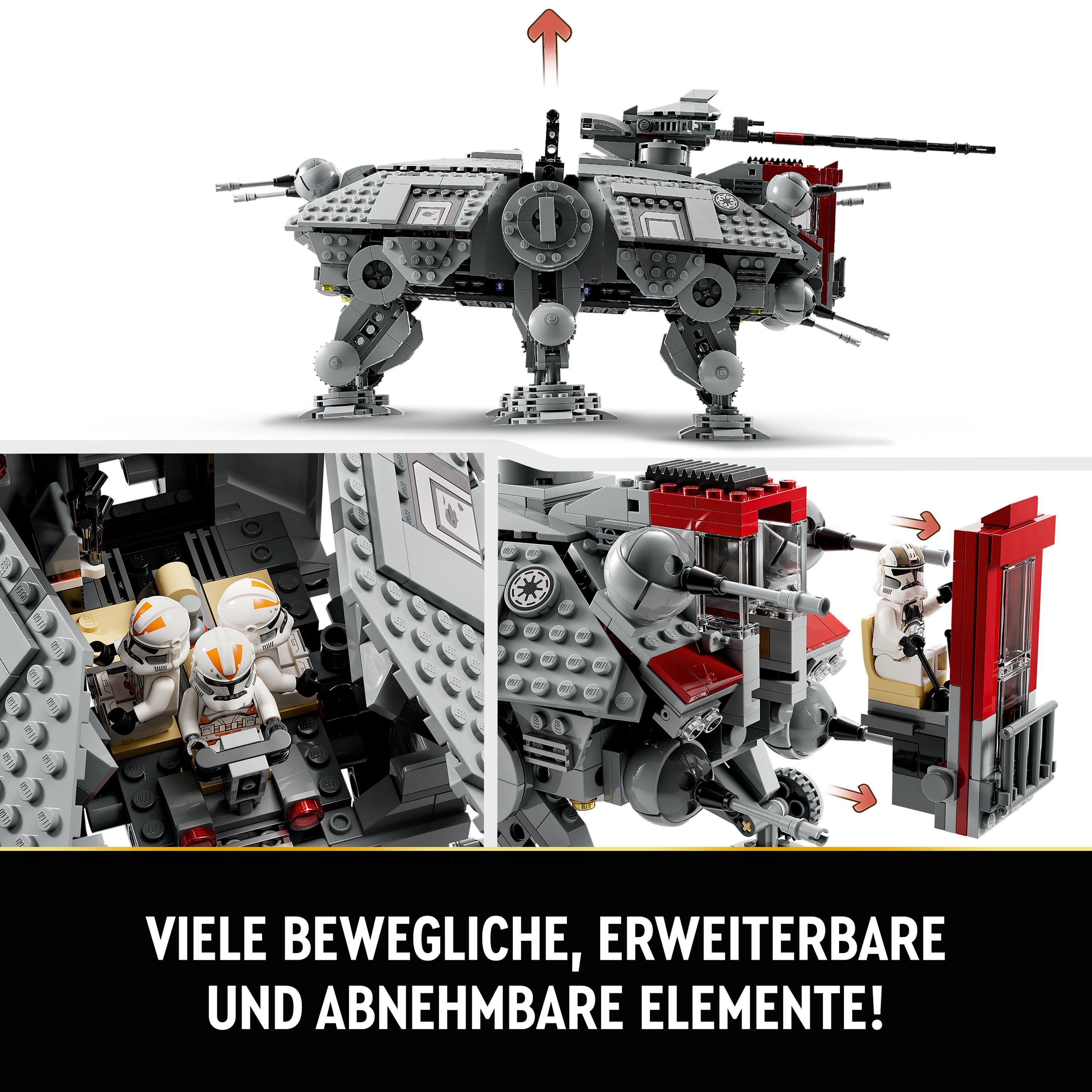 LEGO Star Wars Set mit einem großen Fahrzeug und kleineren Soldaten-Sets im Inneren.