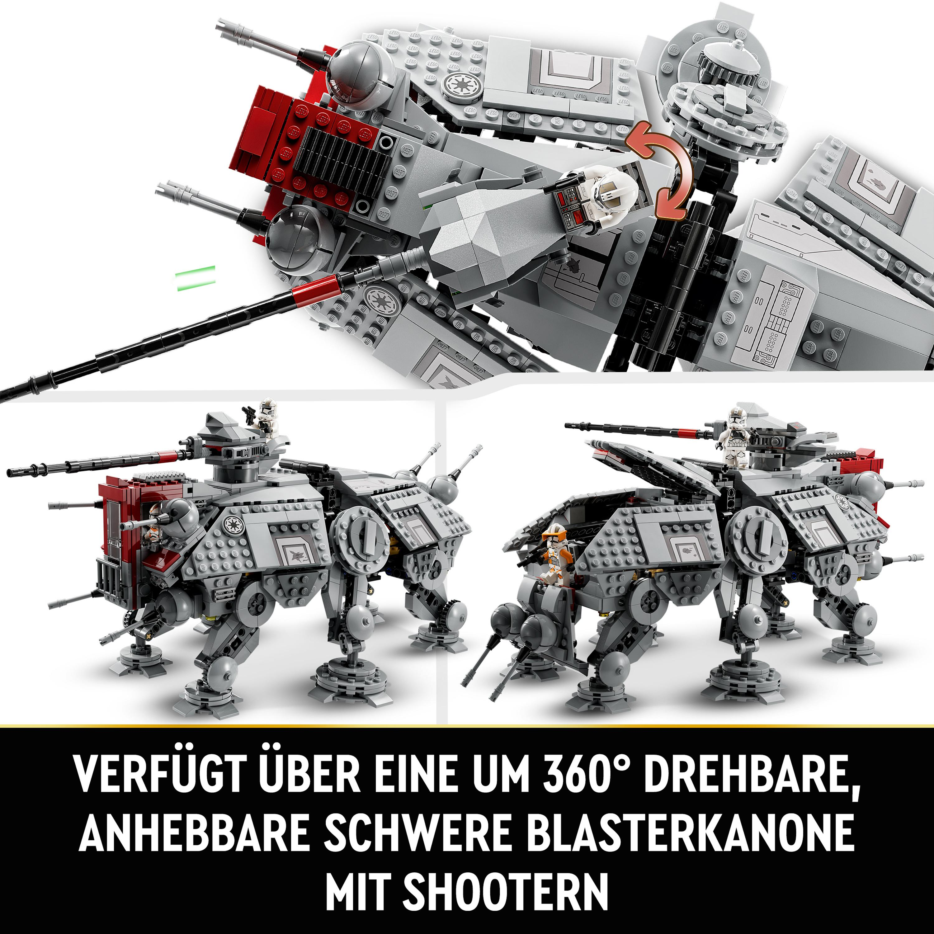LEGO Star Wars AT-AT Walker Modell in mehreren Ansichten, Text auf Deutsch.