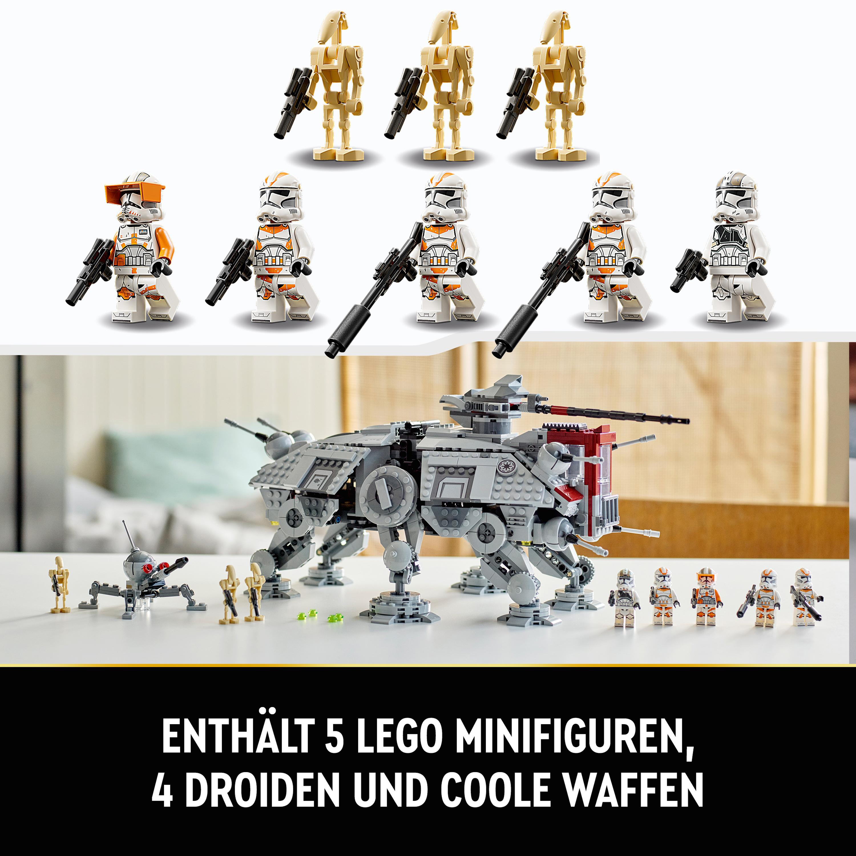 LEGO Star Wars Set mit Minifiguren, Droiden und Fahrzeugen auf weißer Fläche.