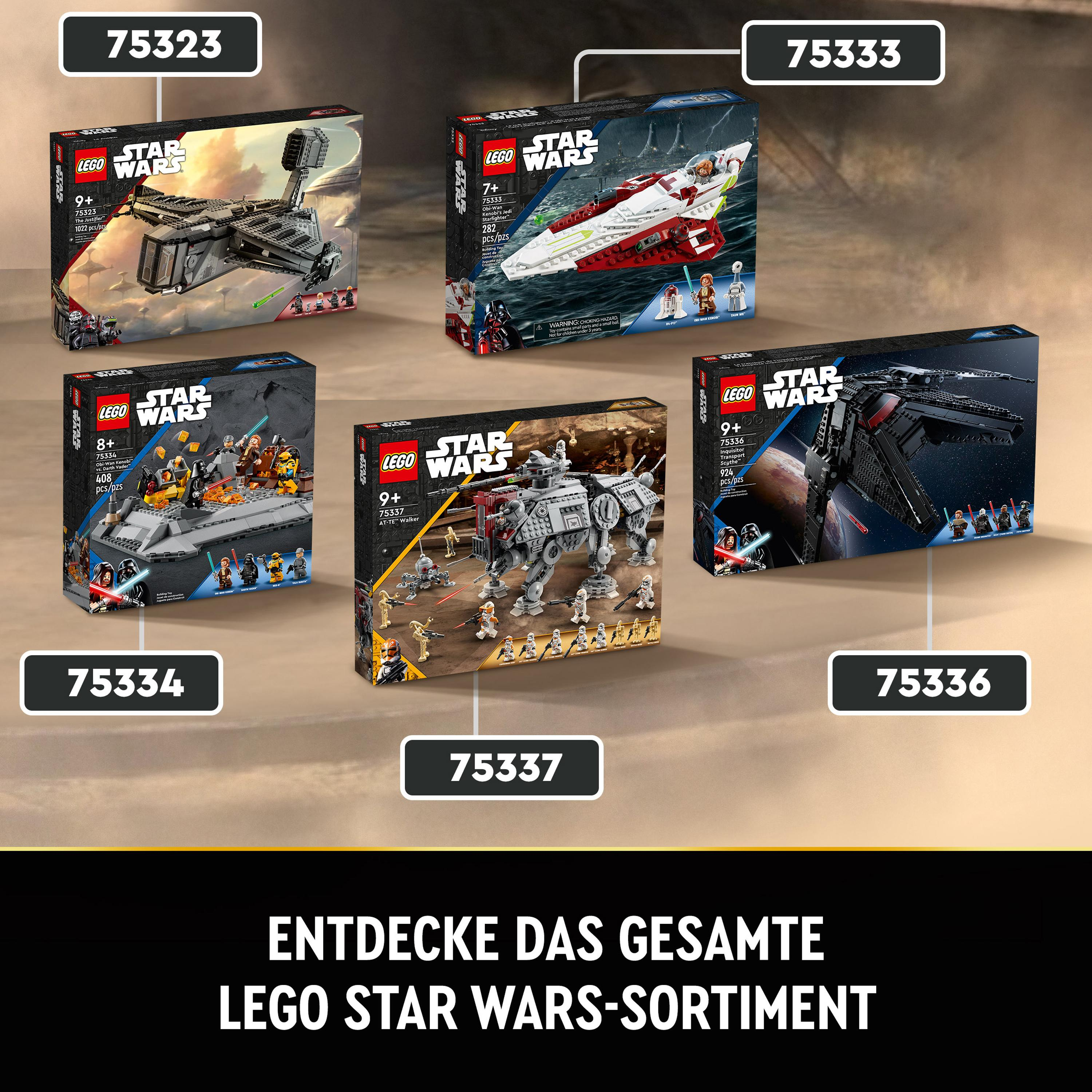 Lego Star Wars-Boxen, verschiedene Sets angezeigt, mit Nummern. Schwarzer Hintergrund.