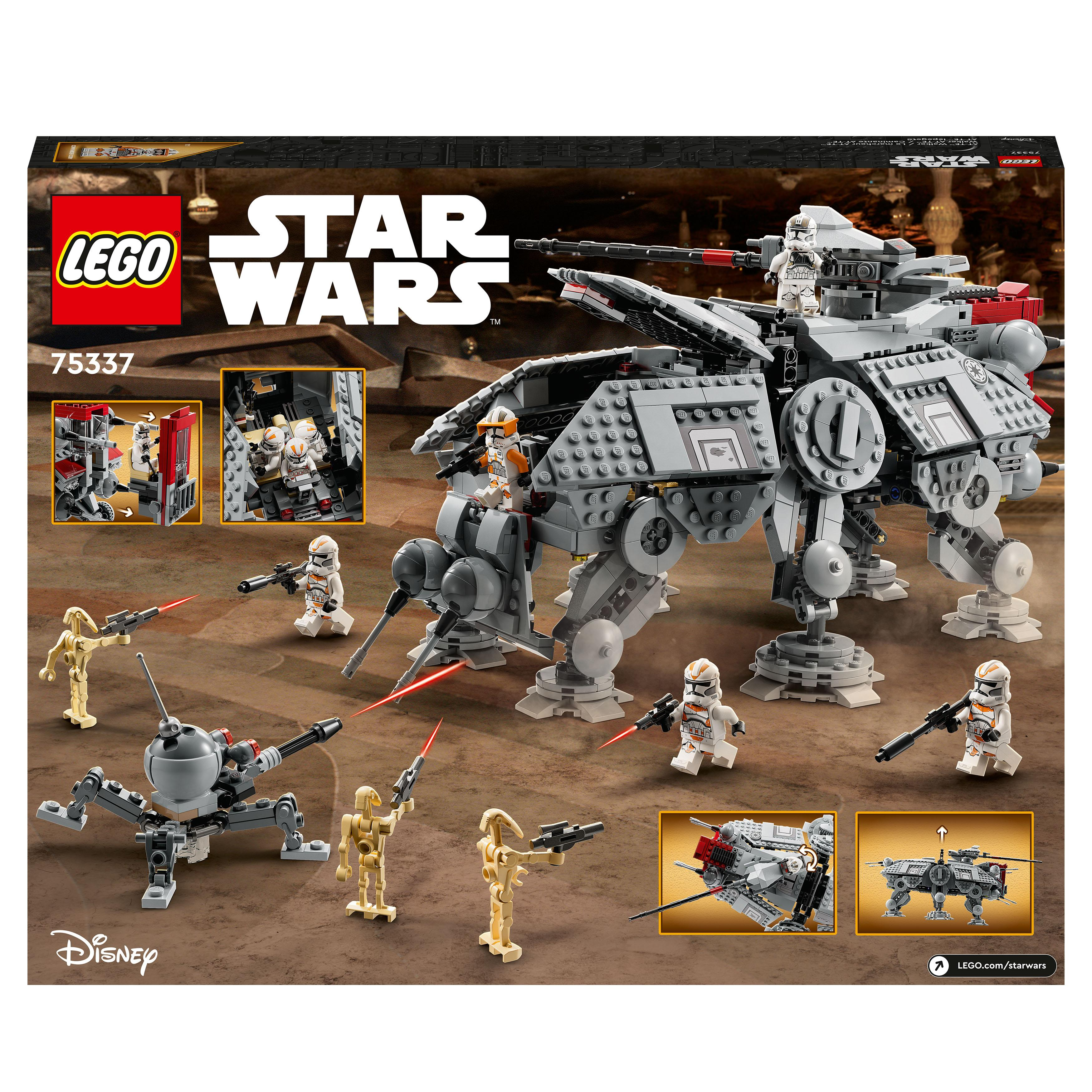Eine LEGO Star Wars Set-Box mit einem AT-TE Walker und Minifiguren, auf weißem Hintergrund.