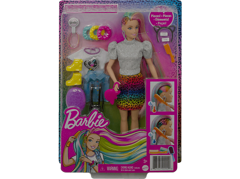 BARBIE Leoparden Regenbogen-Haar Puppe mit Farbwechseleffekt Spielzeugpuppe Mehrfarbig