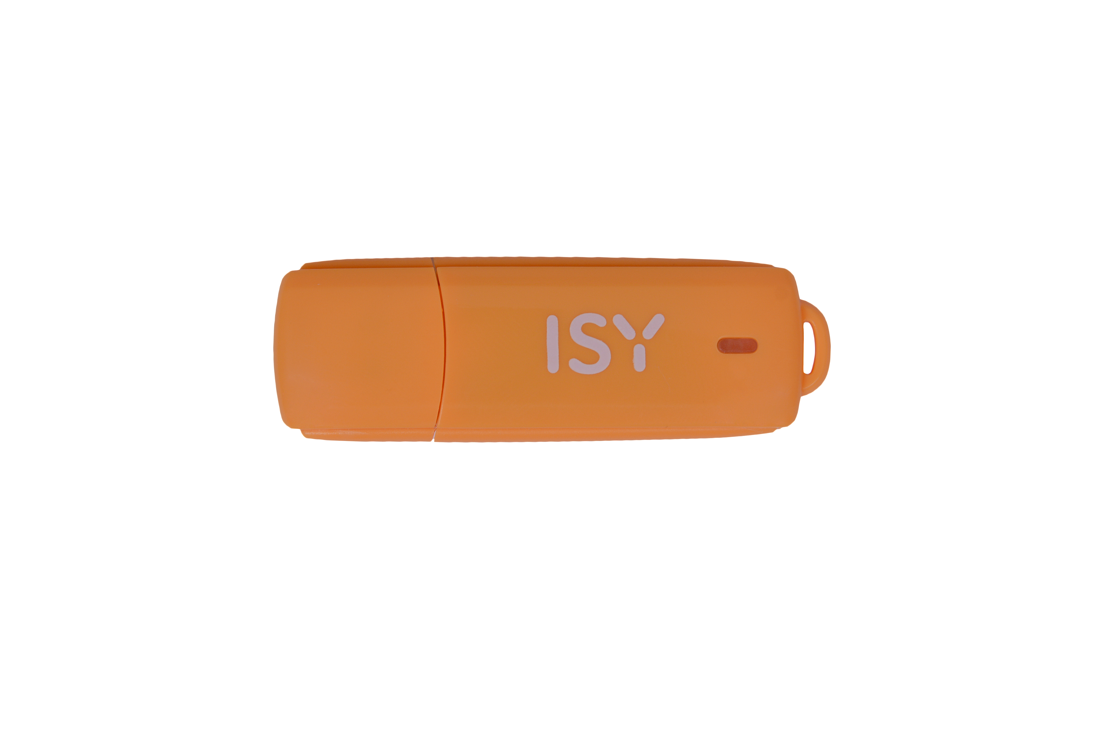 Ein orangefarbener ISY USB-Stick auf weißem Hintergrund.