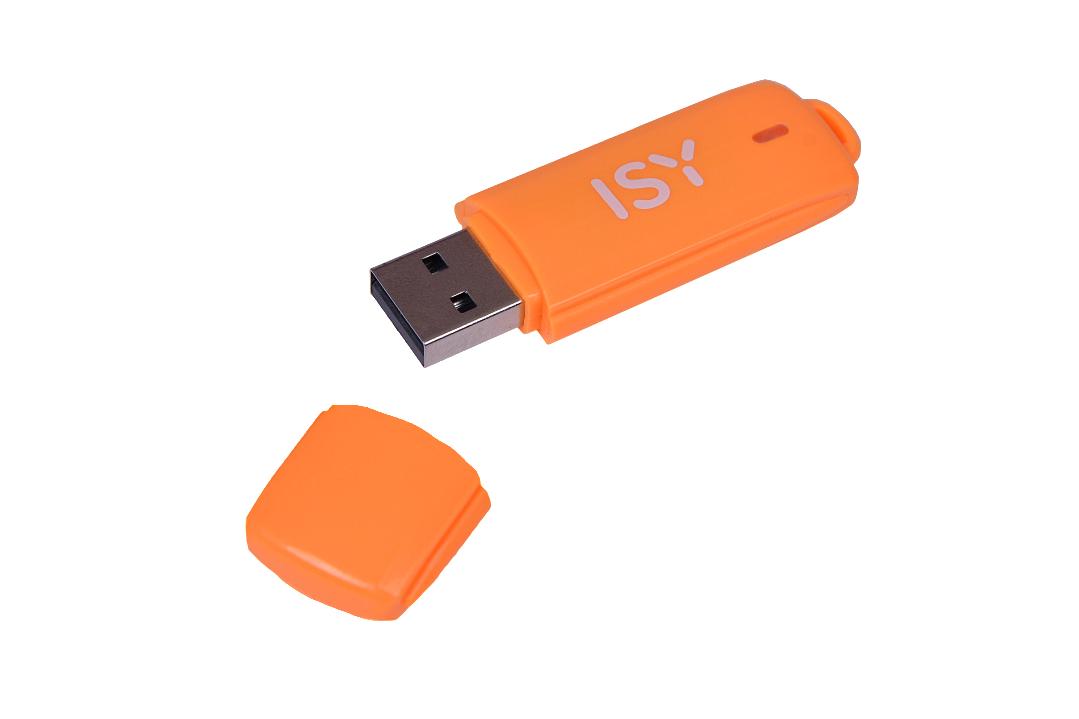 Ein orangefarbener USB-Stick mit seiner Kappe wird gezeigt.