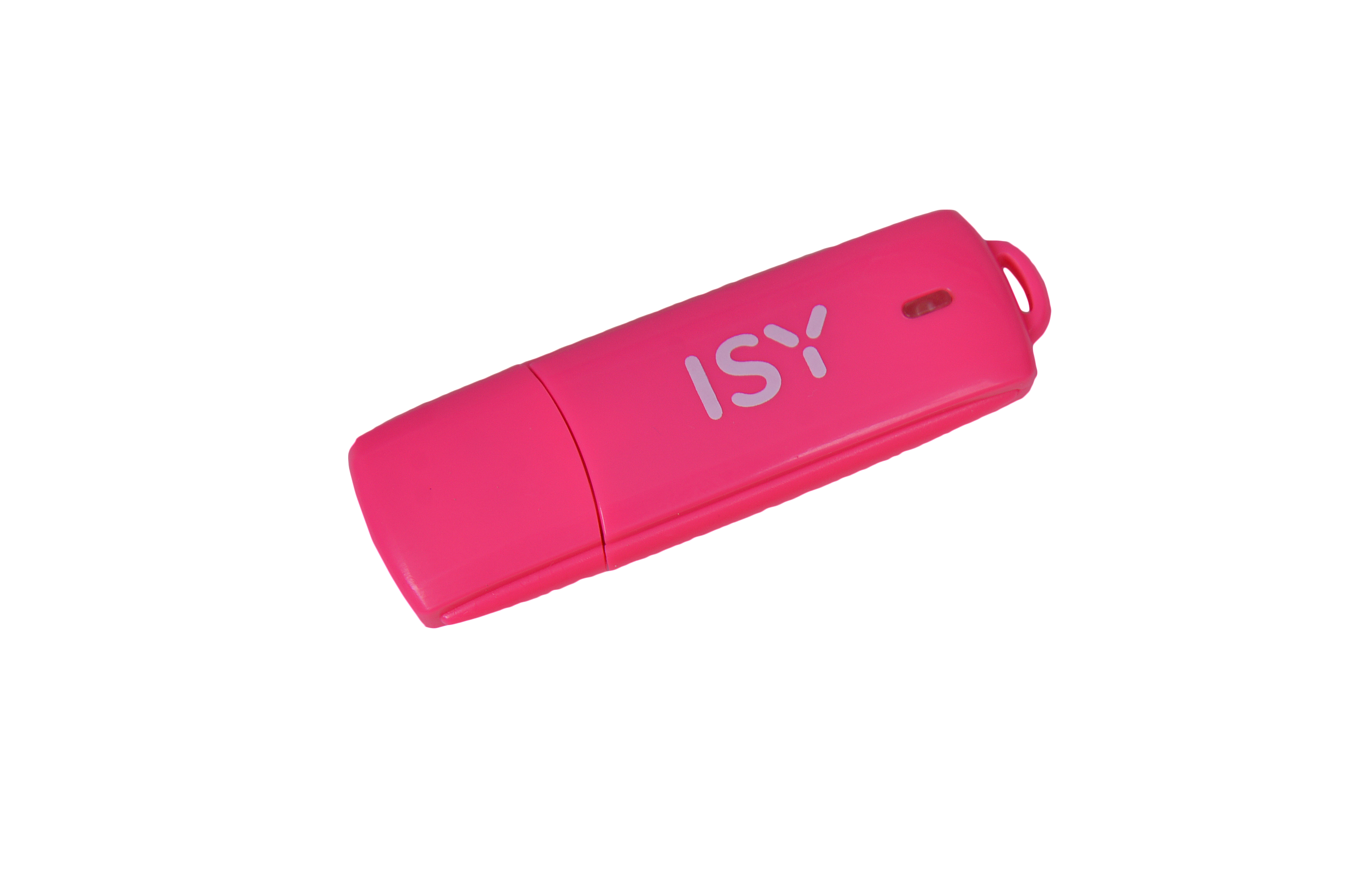 Ein rosa USB-Stick, auf dem das Wort "ISY" steht.