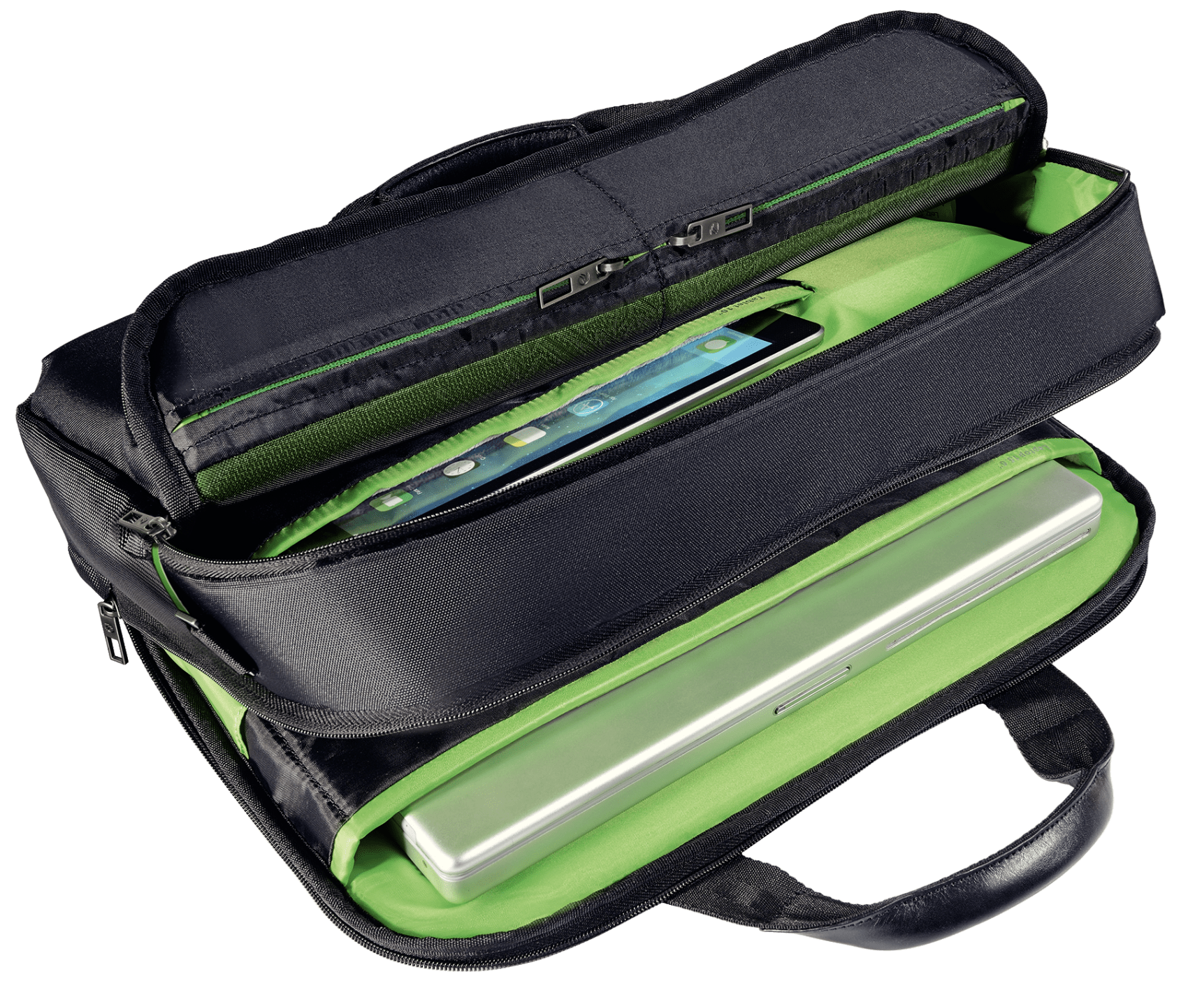 Fekete laptop táska, nyitva, benne egy laptop és egy tablet. A belső zöld.