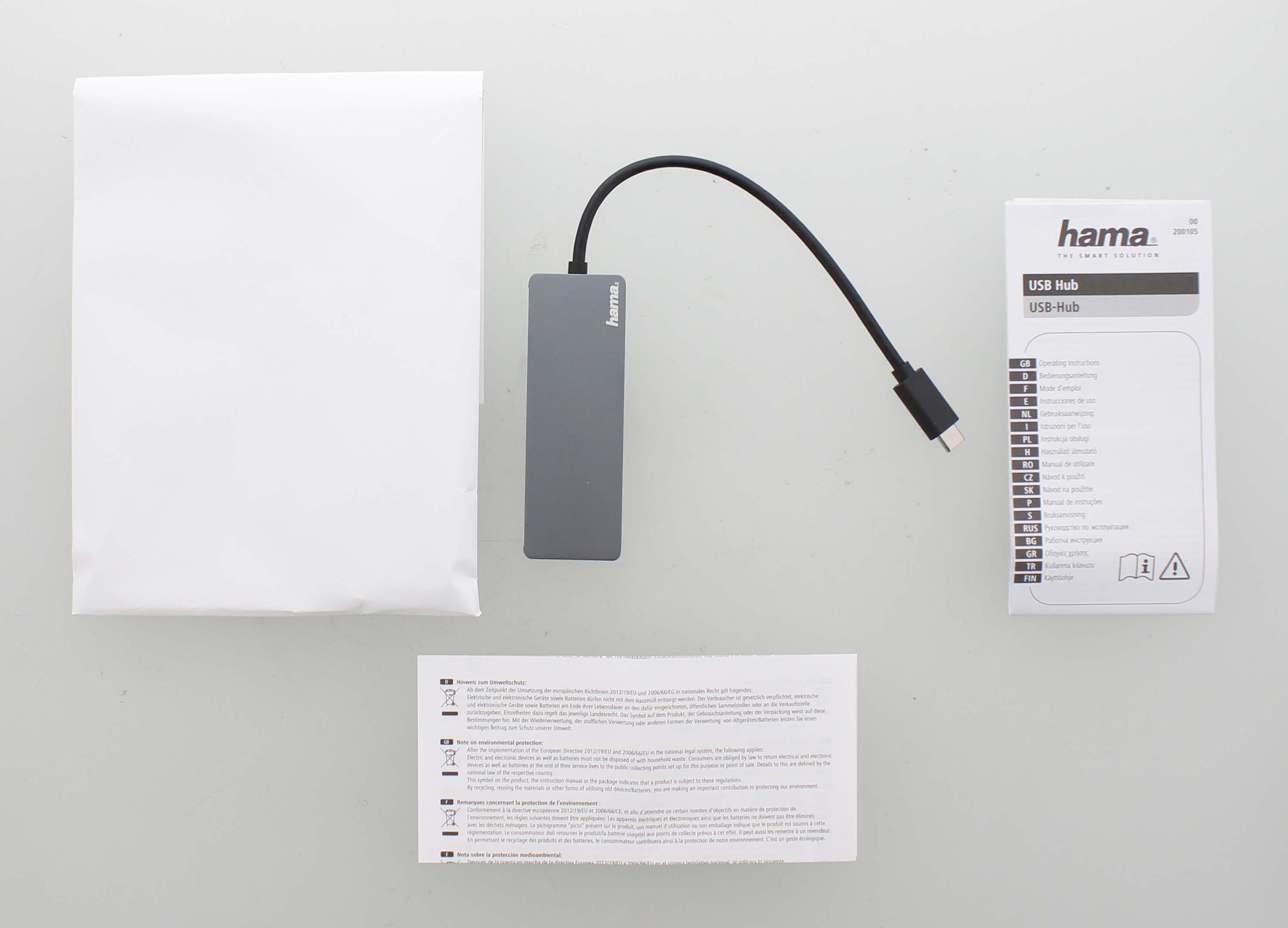 Concentrador USB, bolsa de embalaje blanca, hoja de instrucciones y una pequeña tarjeta de instrucciones.