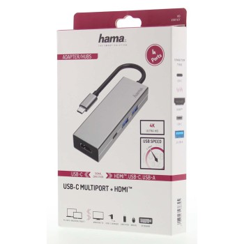 Adaptador multipuerto USB-C Hama. Cuerpo plateado con múltiples puertos. Puertos USB-C, HDMI y USB-A visibles.