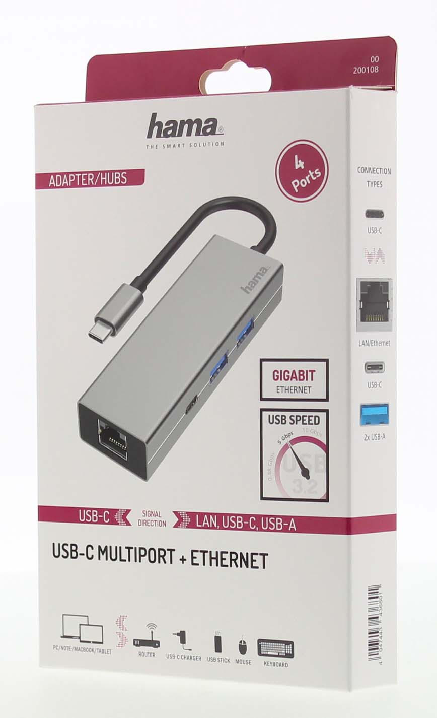 Caja de adaptador/hub Hama blanca y gris con cable USB-C. Muestra puertos e información de velocidad USB.