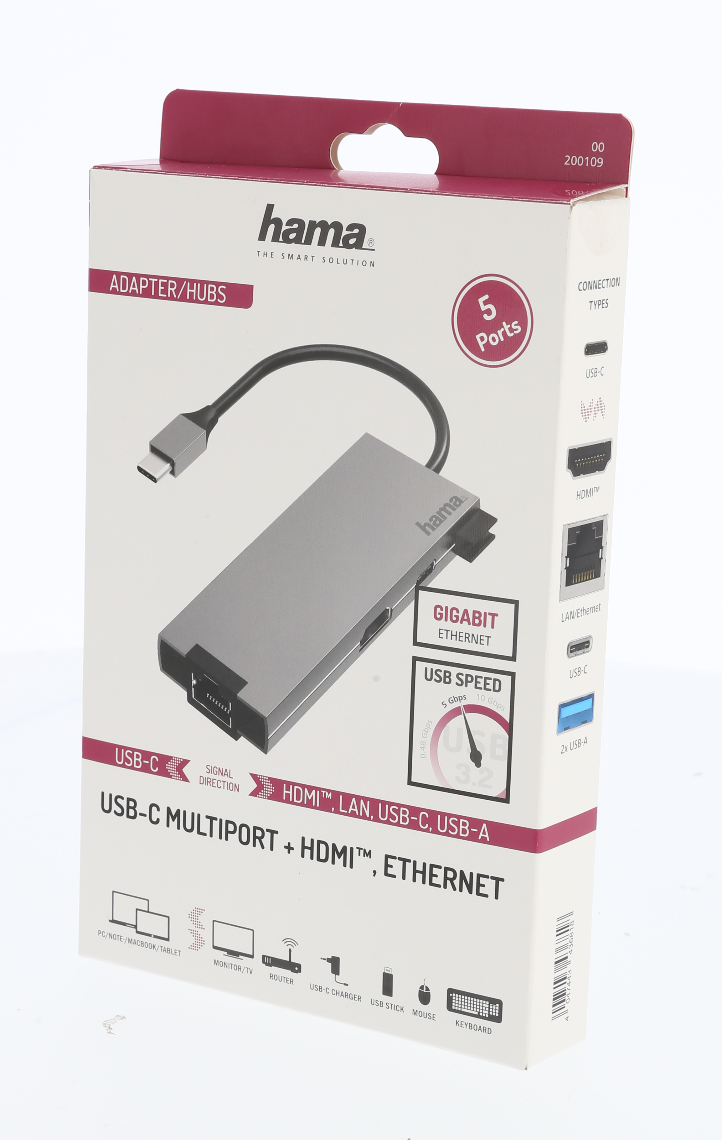 Adaptador Hama USB-C multiport + HDMI, Ethernet en su caja.