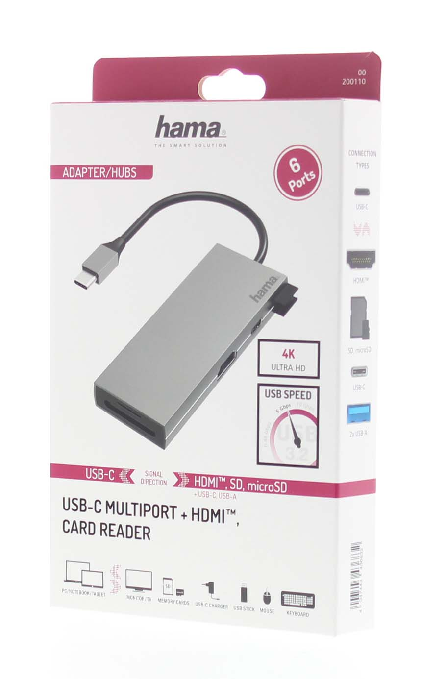 Concentrador USB-C Hama. Concentrador plateado con múltiples puertos, en caja.